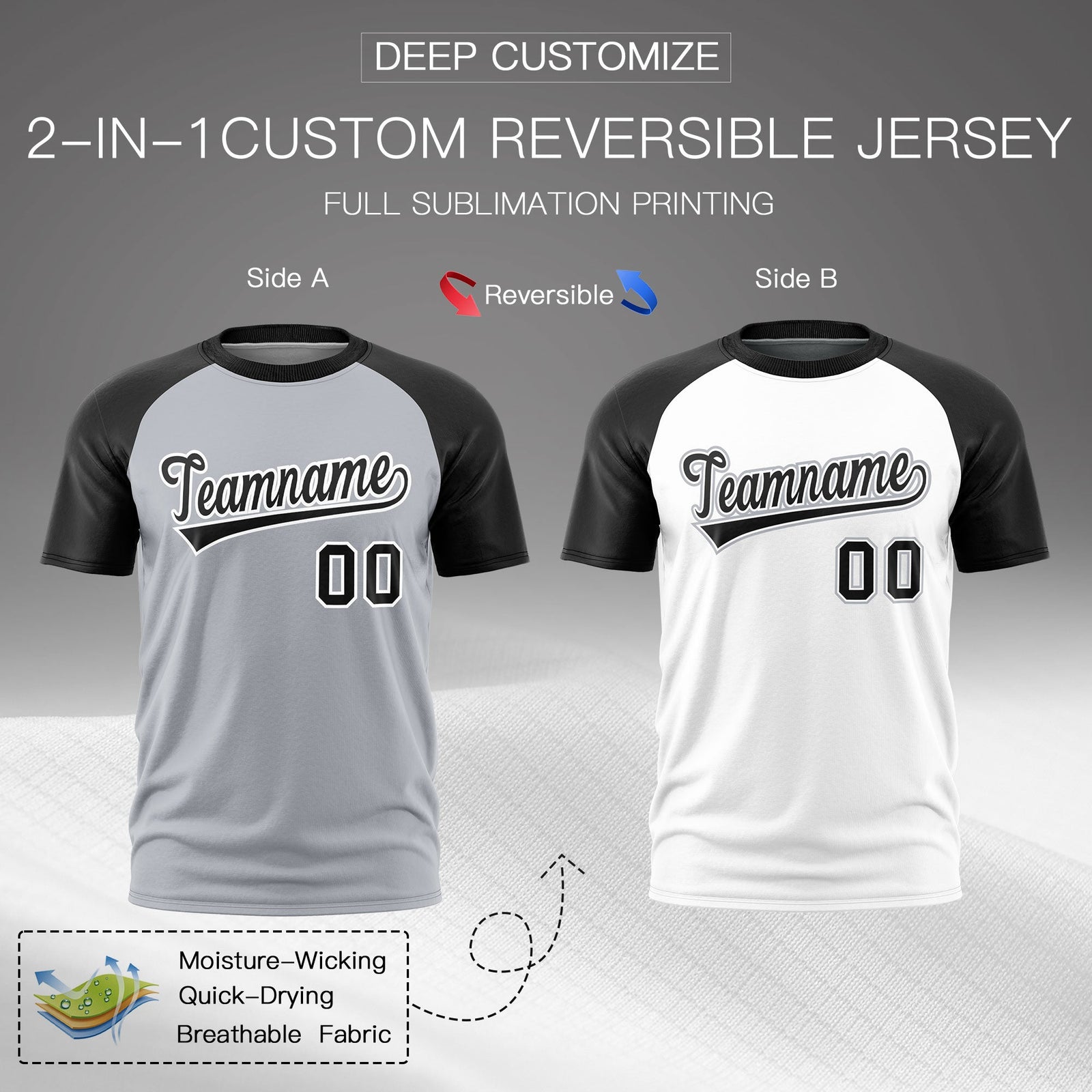 Custom Silver Black White Reversible Raglan Sleeves Quick Dry T-shirt| KXKSHOP