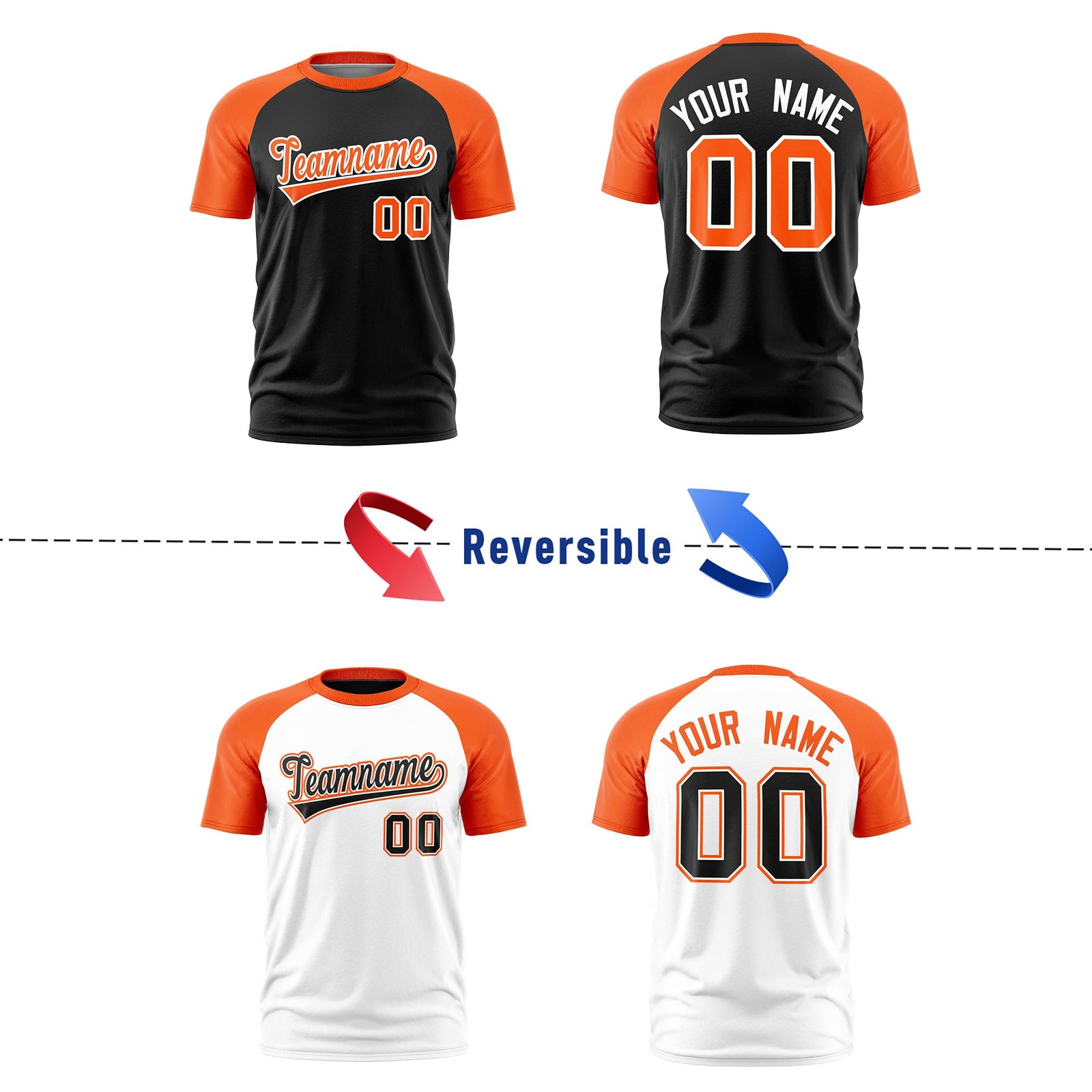 Custom Black Orange White Reversible Raglan Sleeves Quick Dry T-shirt| KXKSHOP