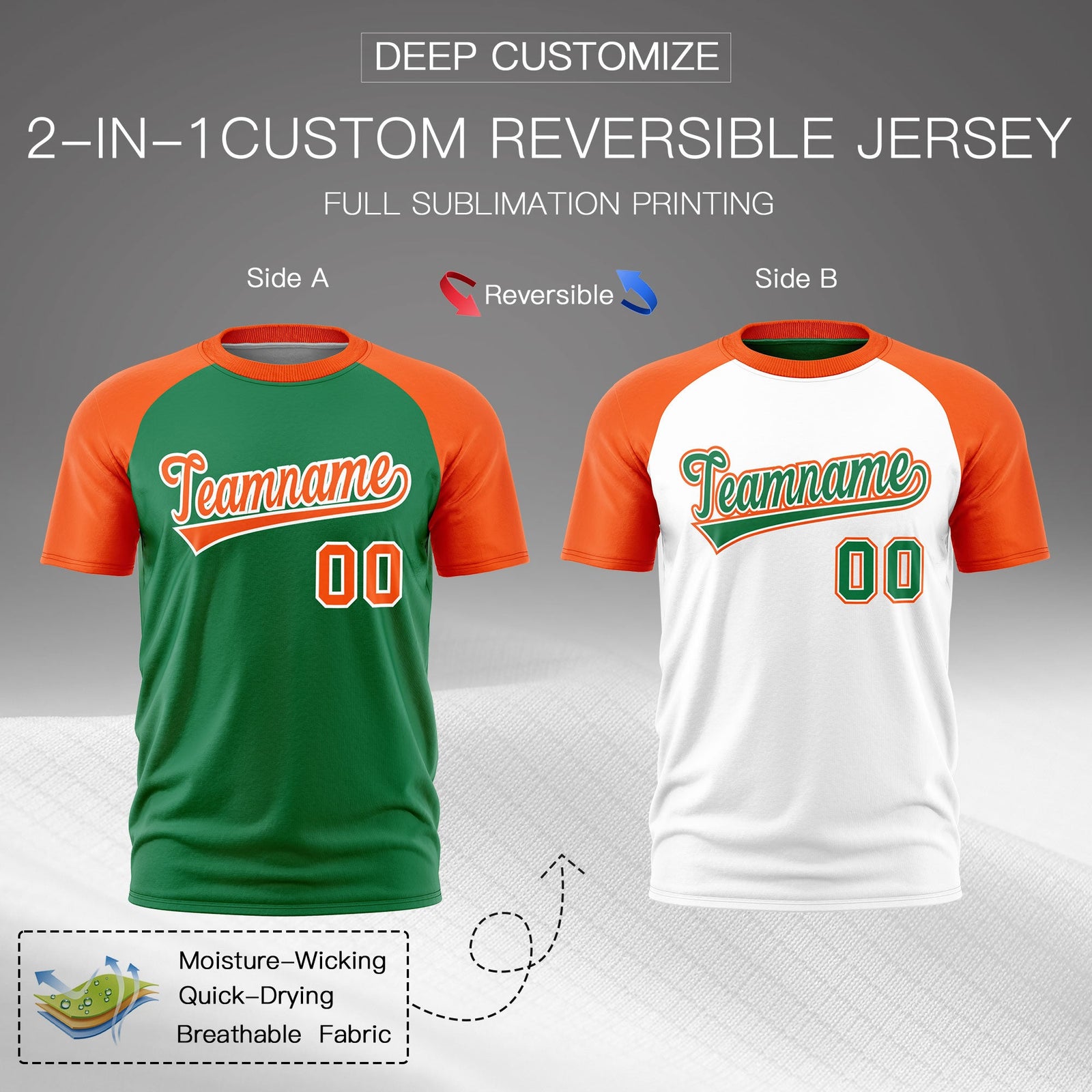 Custom Kelly Green Orange White Reversible Raglan Sleeves Quick Dry T-shirt| KXKSHOP