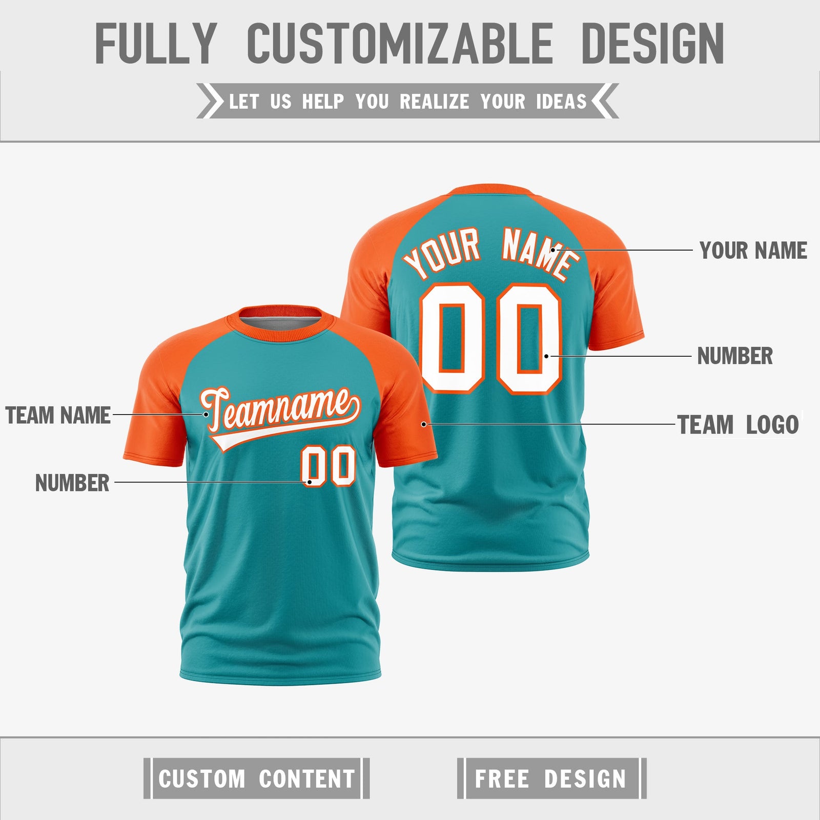 Custom Aqua Orange White Reversible Raglan Sleeves Quick Dry T-shirt| KXKSHOP