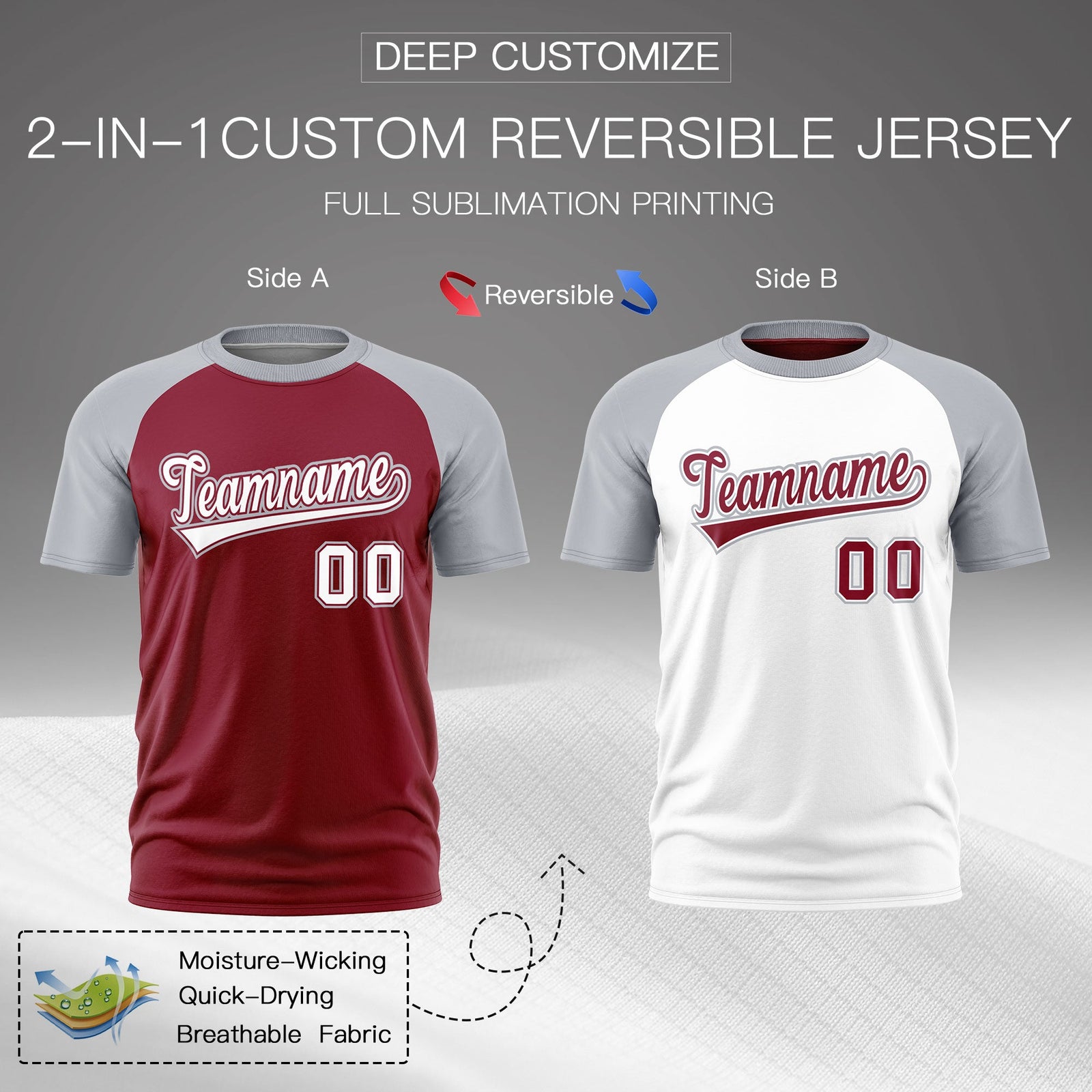 Custom Crimson Silver White Reversible Raglan Sleeves Moisture-Wicking T-shirt| KXKSHOP