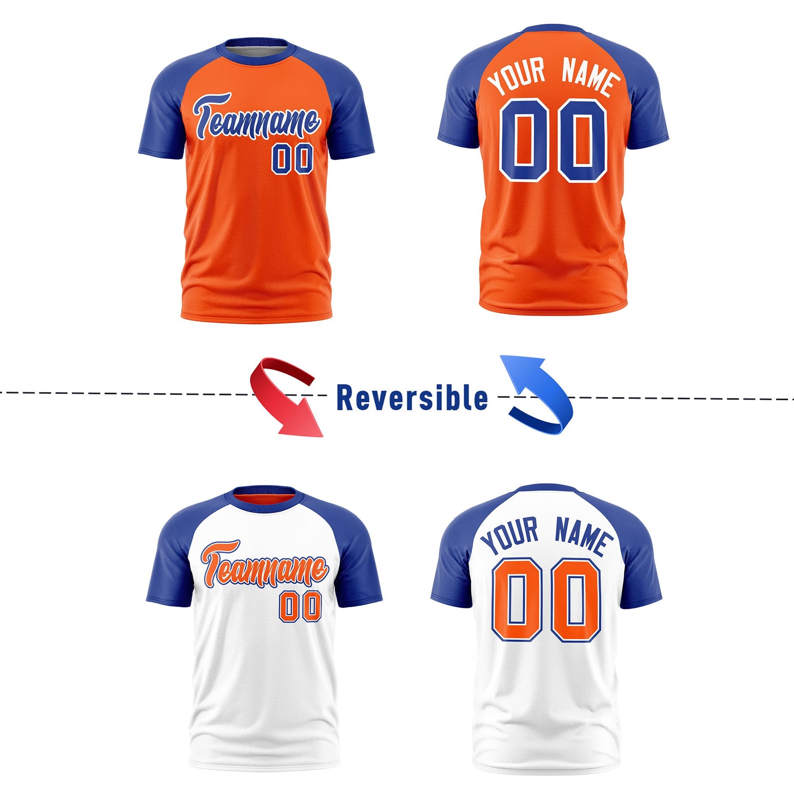 Custom Orange Royal Blue White Reversible Raglan Sleeves Quick Dry T-shirt| KXKSHOP