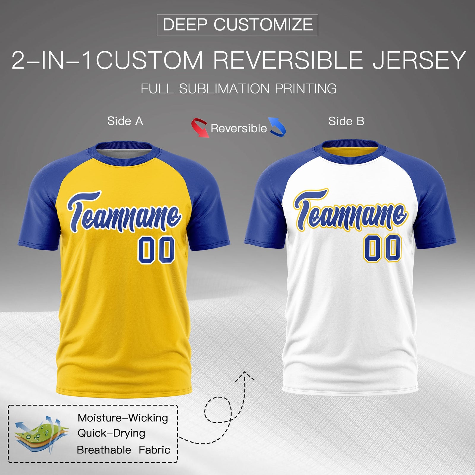Custom Gold Royal Blue White Reversible Raglan Sleeves Moisture-Wicking T-shirt| KXKSHOP