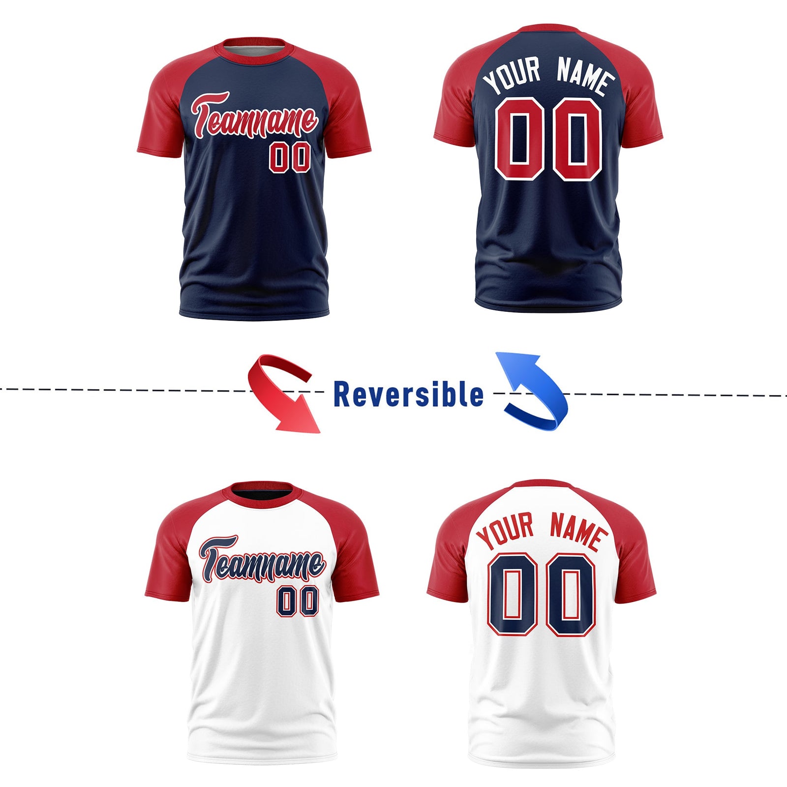 Custom Navy Red White Reversible Raglan Sleeves Moisture-Wicking T-shirt| KXKSHOP