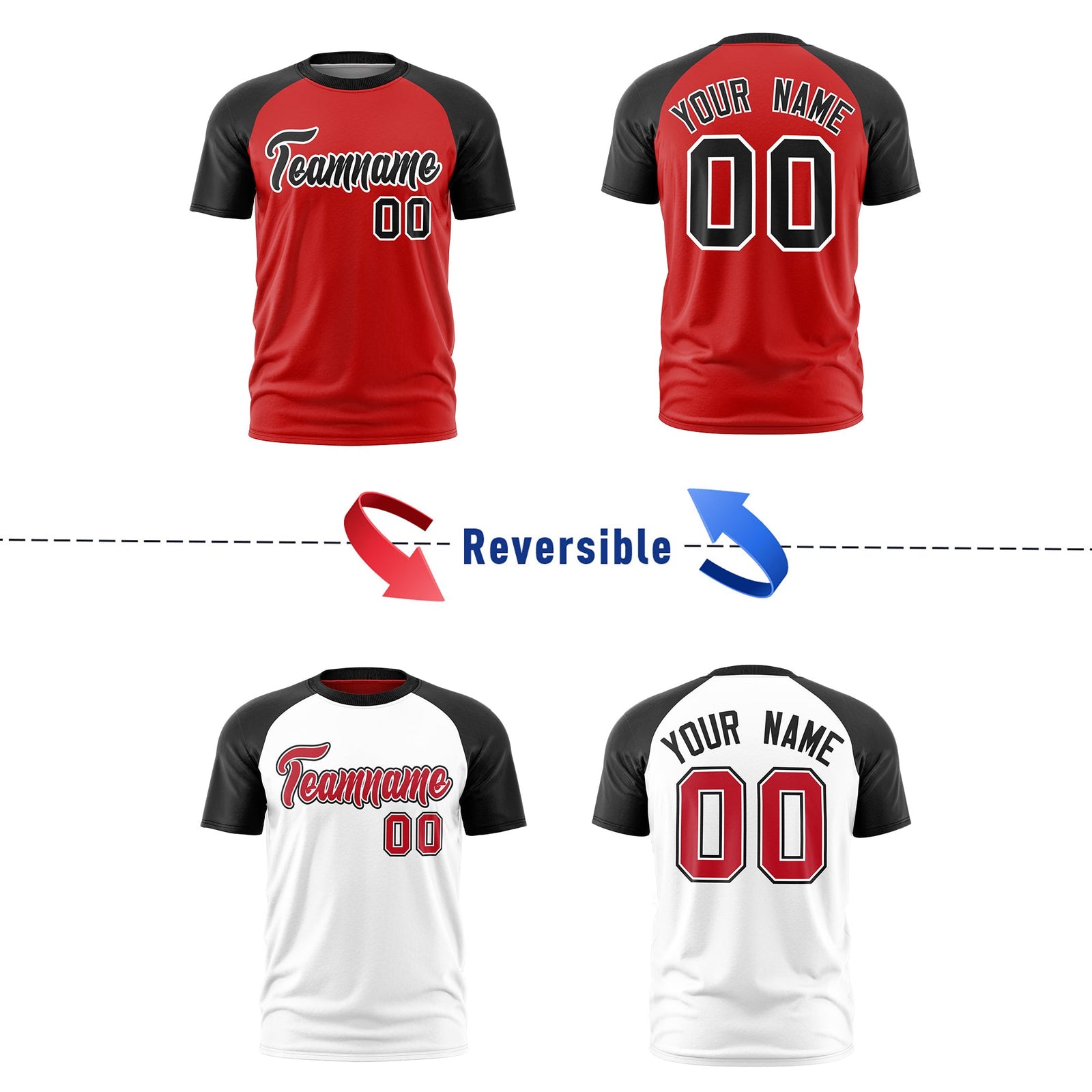 Custom Red Black White Reversible Raglan Sleeves Quick Dry T-shirt| KXKSHOP