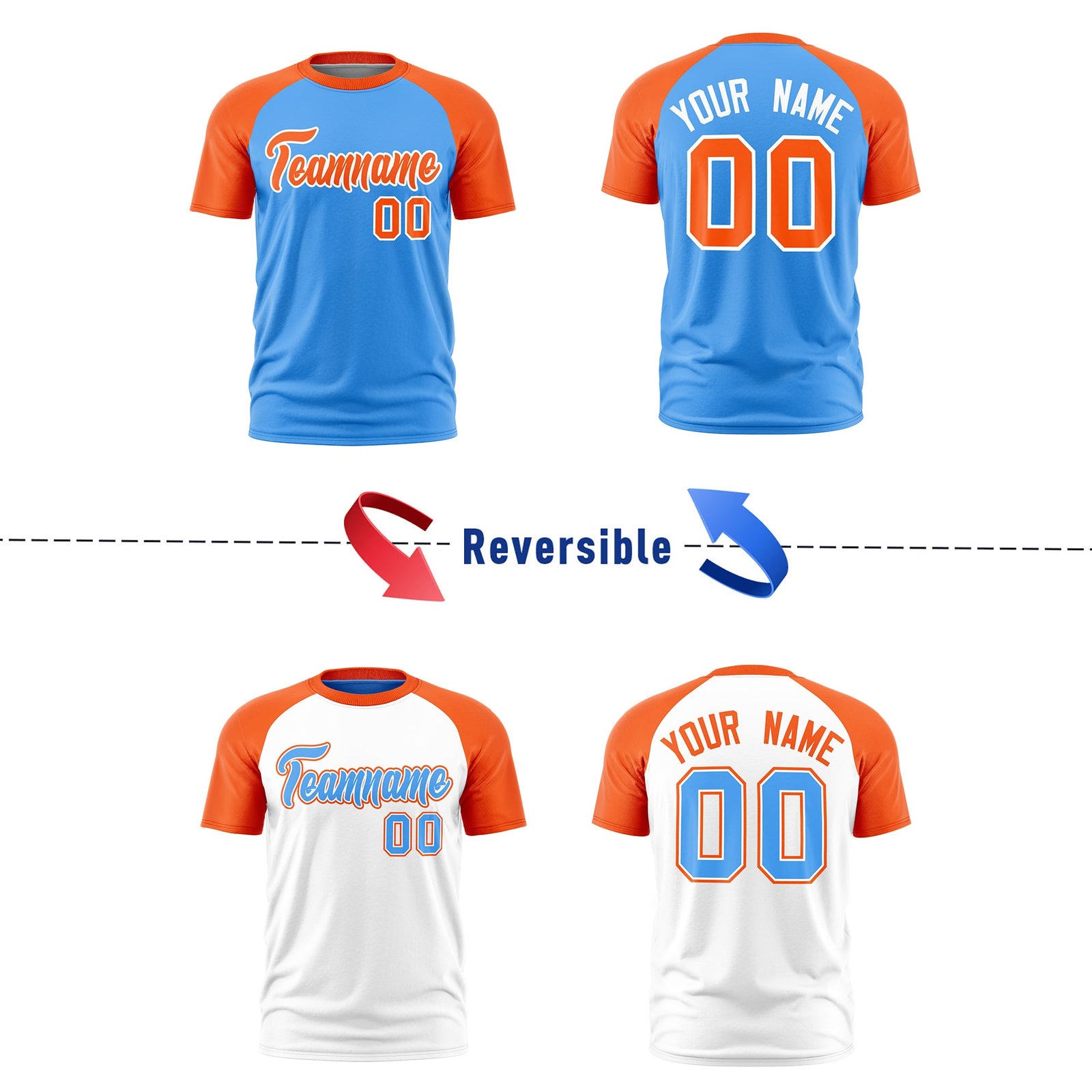 Custom Powder Blue Orange White Reversible Raglan Sleeves Moisture-Wicking T-shirt| KXKSHOP
