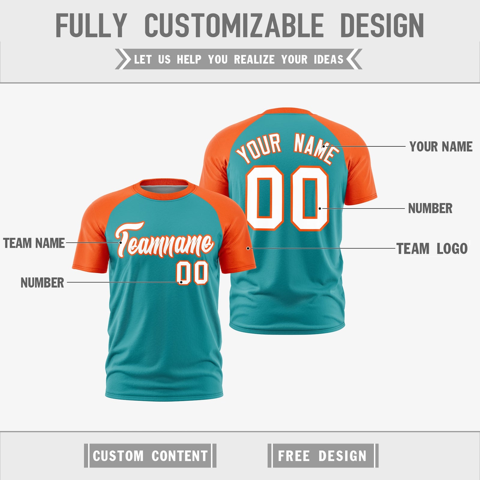 Custom Aqua Orange White Reversible Raglan Sleeves Quick Dry T-shirt| KXKSHOP