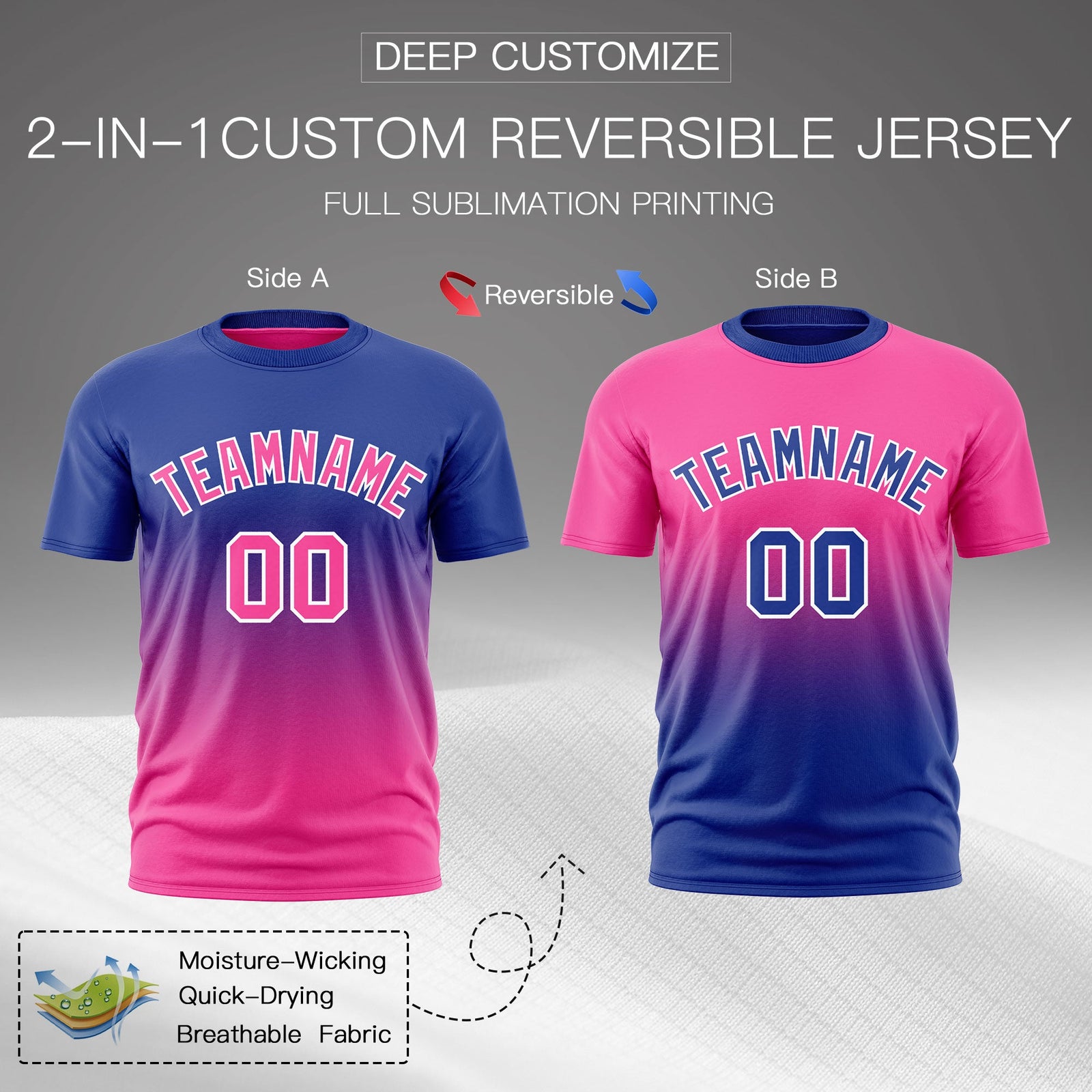 Custom Pink Royal Blue Gradient Fashion Reversible Quick Dry T-shirt| KXKSHOP