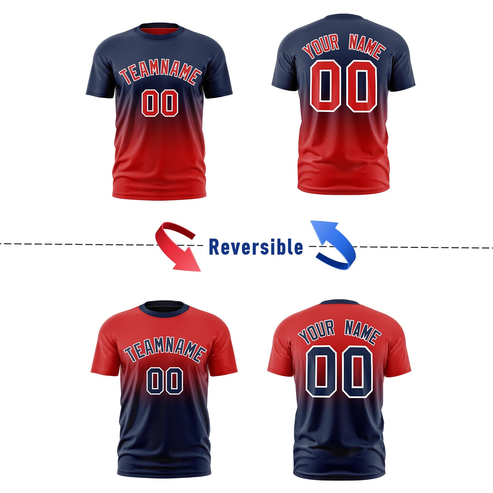 Custom Red Navy Gradient Fashion Reversible Quick Dry T-shirt| KXKSHOP