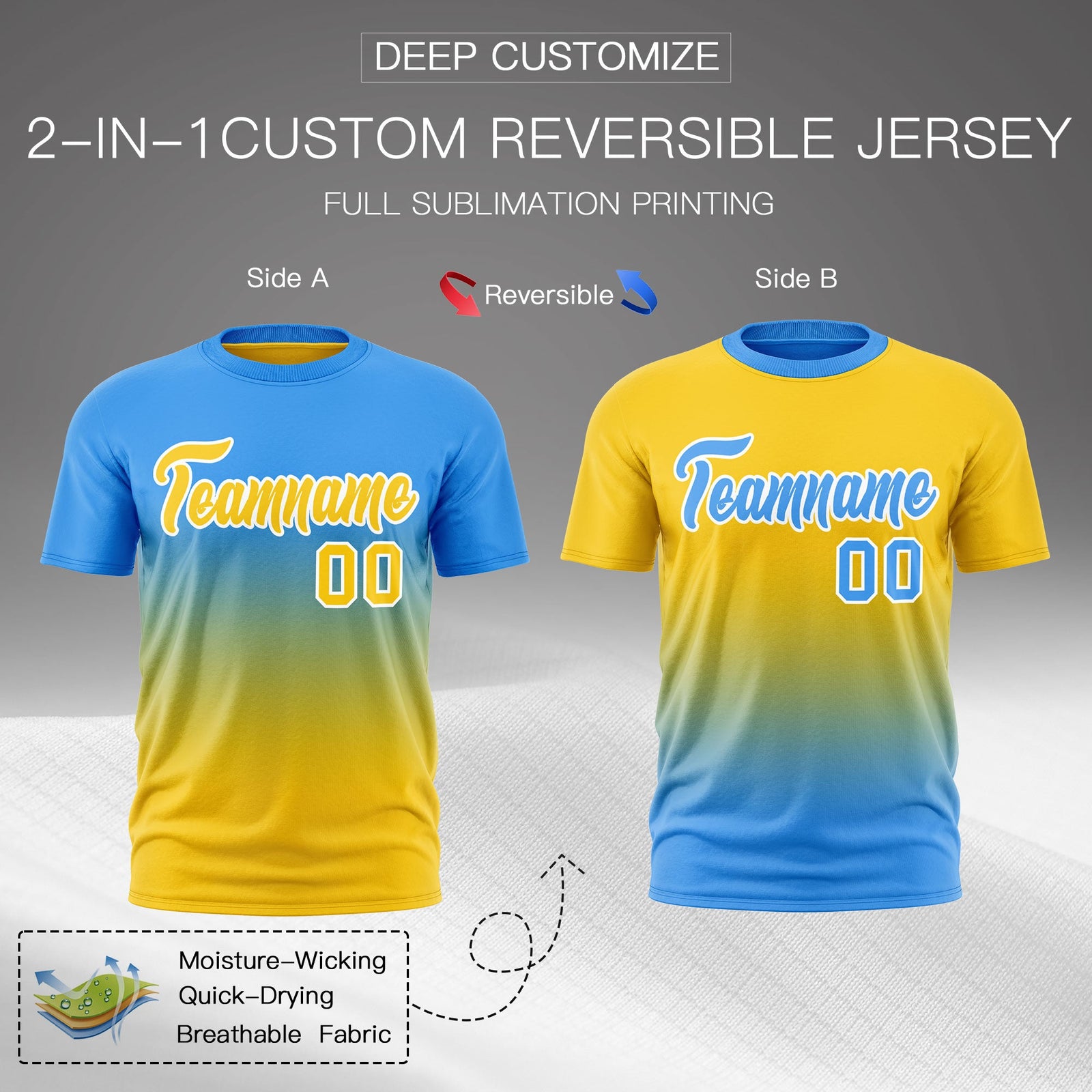 Custom Powder Blue Gold Gradient Fashion Reversible Quick Dry T-shirt| KXKSHOP