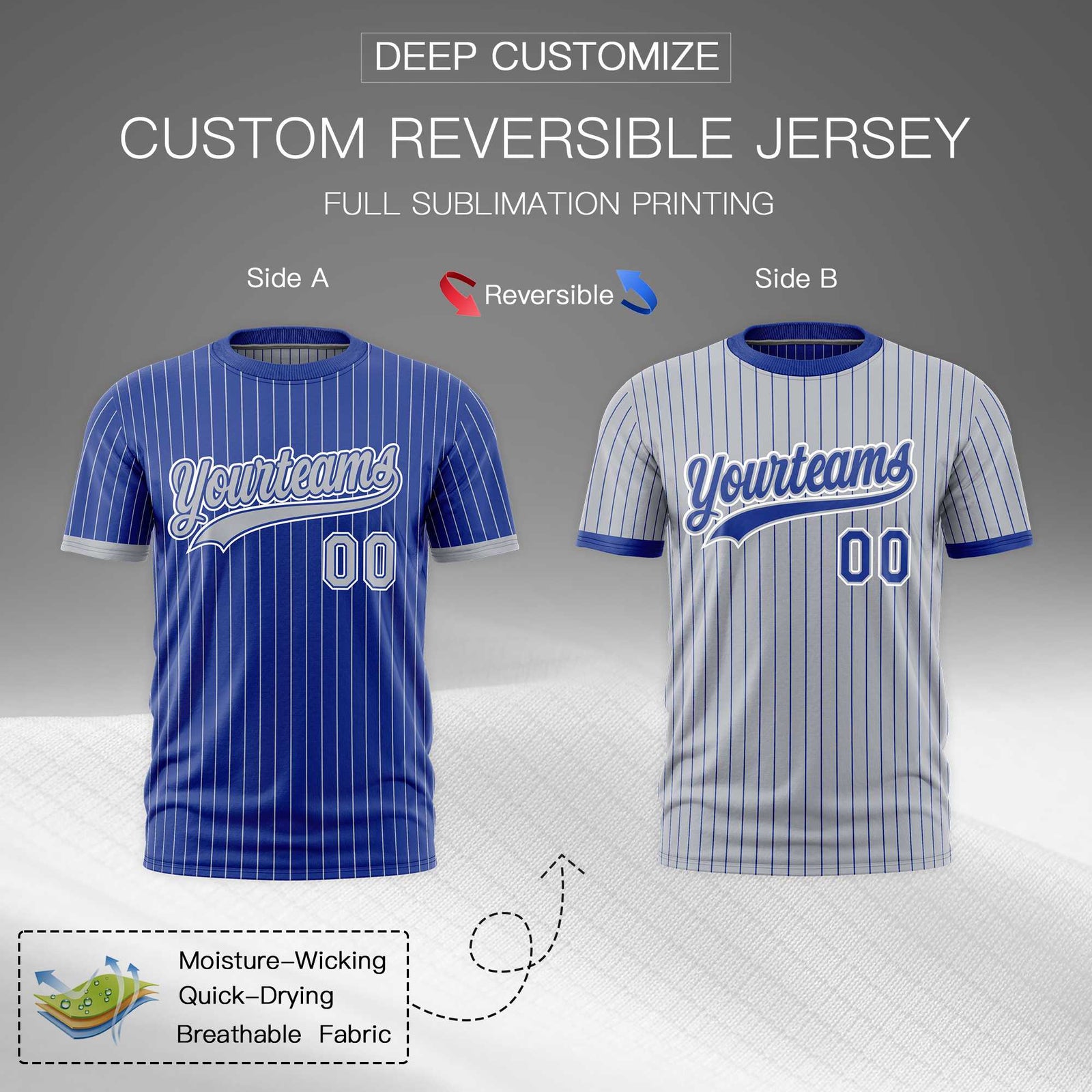 Custom Silver Royal Blue White Reversible Stripe Fashion T-shirt| KXKSHOP