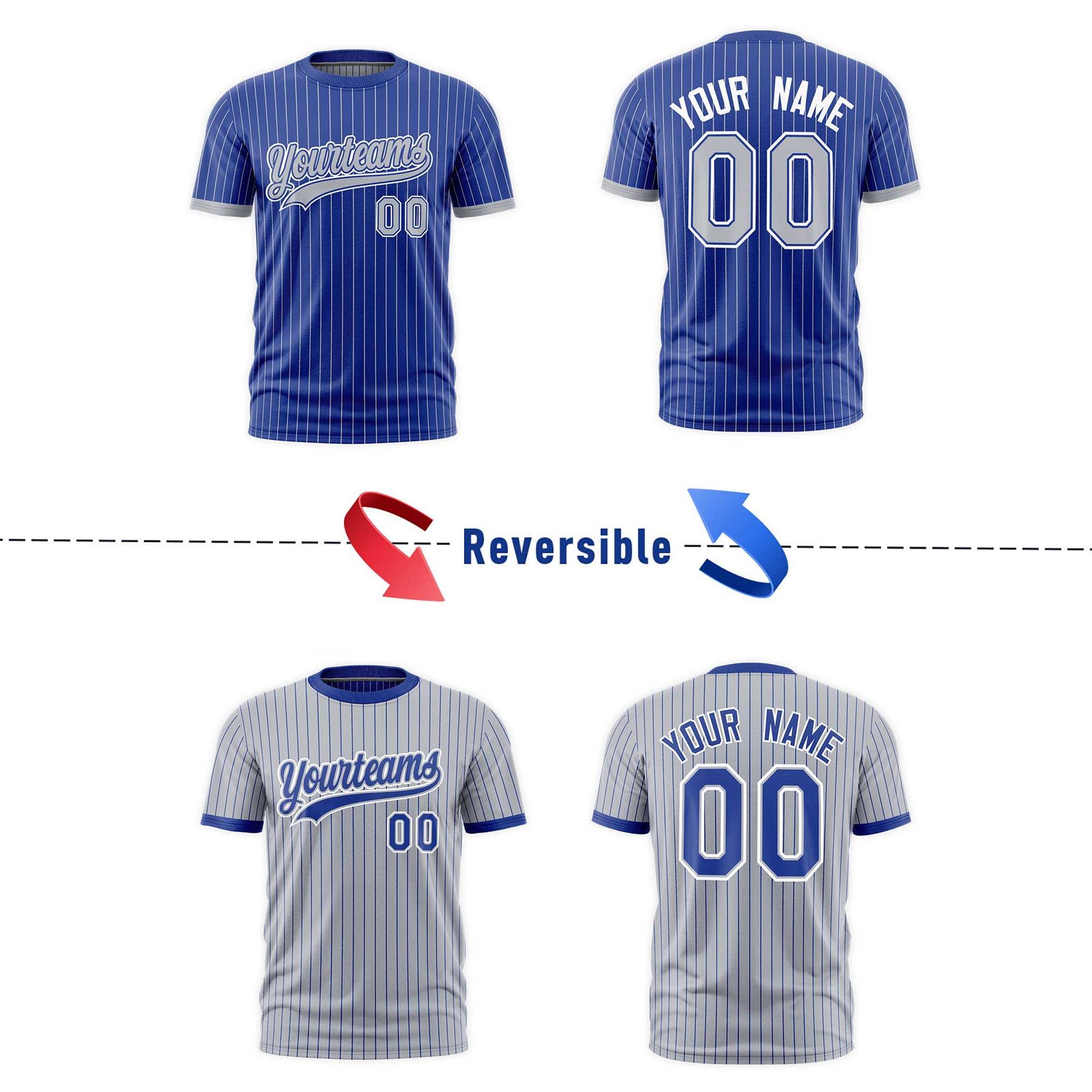 Custom Silver Royal Blue White Reversible Stripe Fashion T-shirt| KXKSHOP