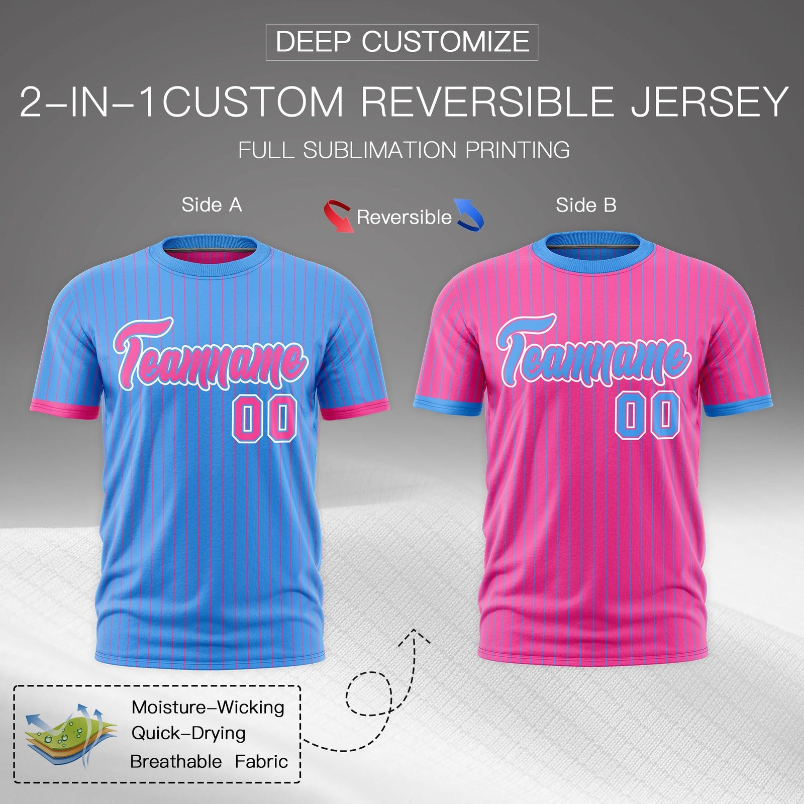 Custom Pink Powder Blue White Reversible Stripe Fashion T-shirt| KXKSHOP