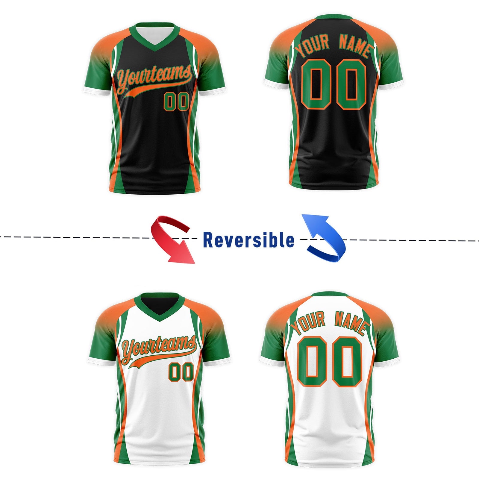 Custom Black Orange Kelly Green Reversible Breathable T-shirt| KXKSHOP