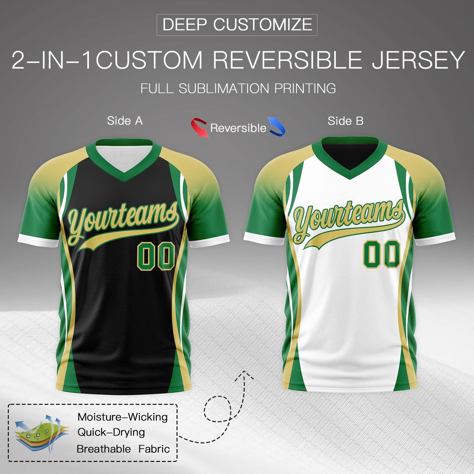Custom Black Old Gold Kelly Green Reversible Breathable T-shirt| KXKSHOP