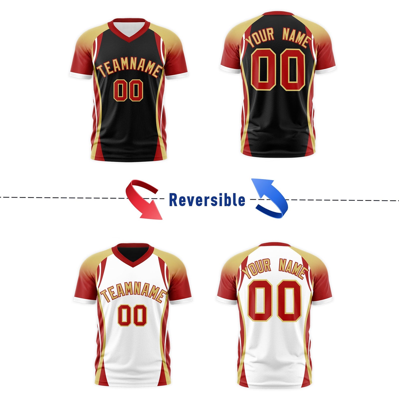 Custom Black Old Gold Red Reversible Breathable T-shirt| KXKSHOP