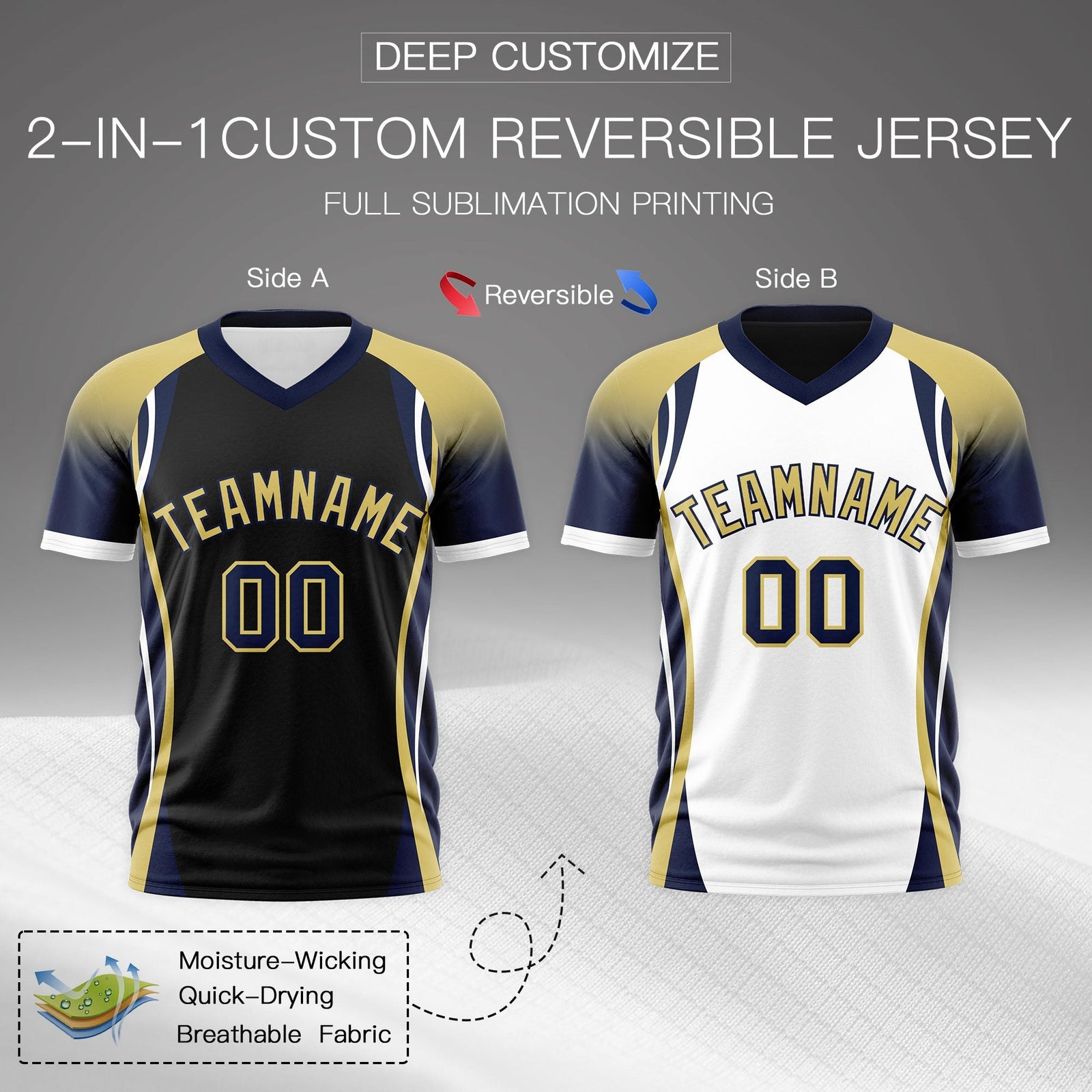 Custom Black Old Gold Navy Reversible Wrinkle-Resistant T-shirt| KXKSHOP