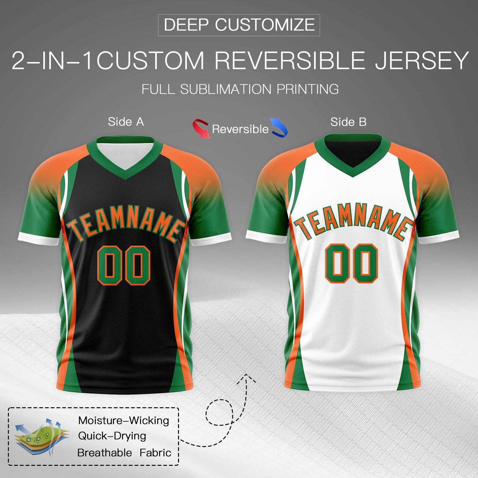 Custom Black Orange Kelly Green Reversible Breathable T-shirt| KXKSHOP