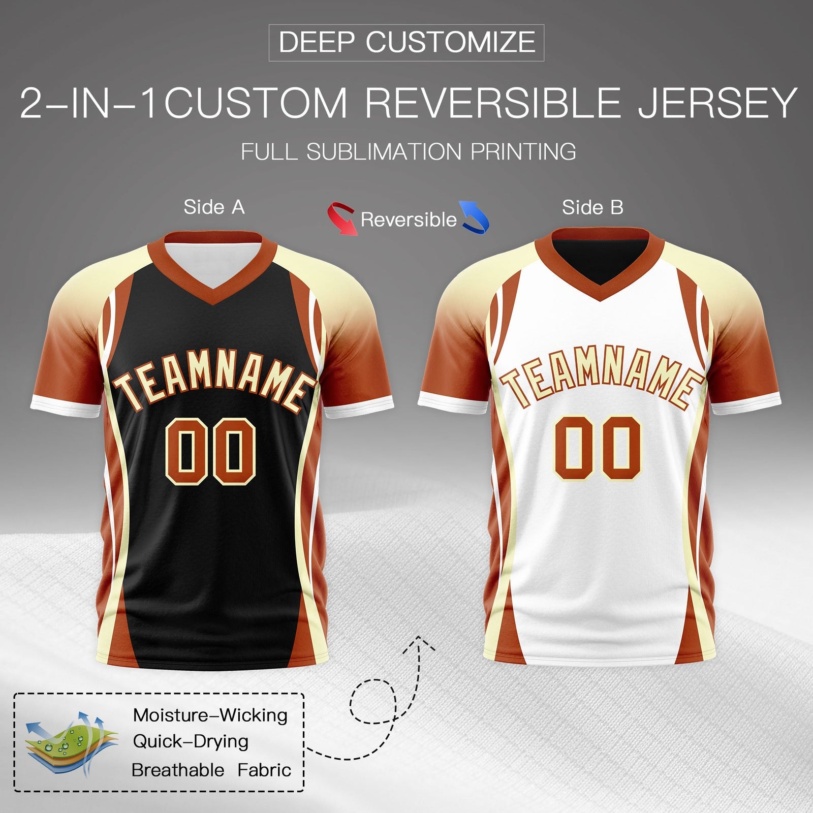 Custom Black Cream Dark Orange Reversible Breathable T-shirt| KXKSHOP