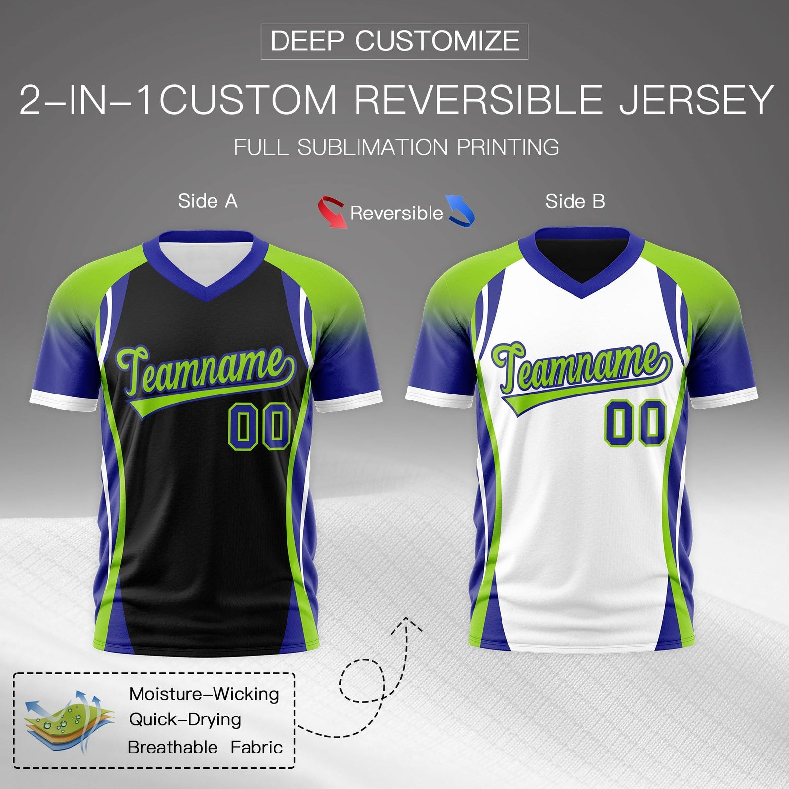 Custom Black Neon Green Royal Blue Reversible Breathable T-shirt| KXKSHOP