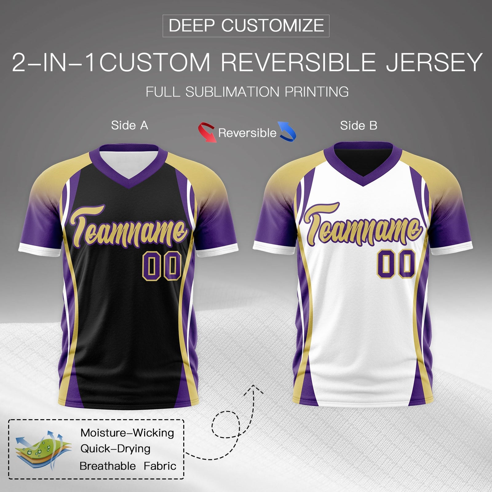 Custom Black Old Gold Purple Reversible Breathable T-shirt| KXKSHOP