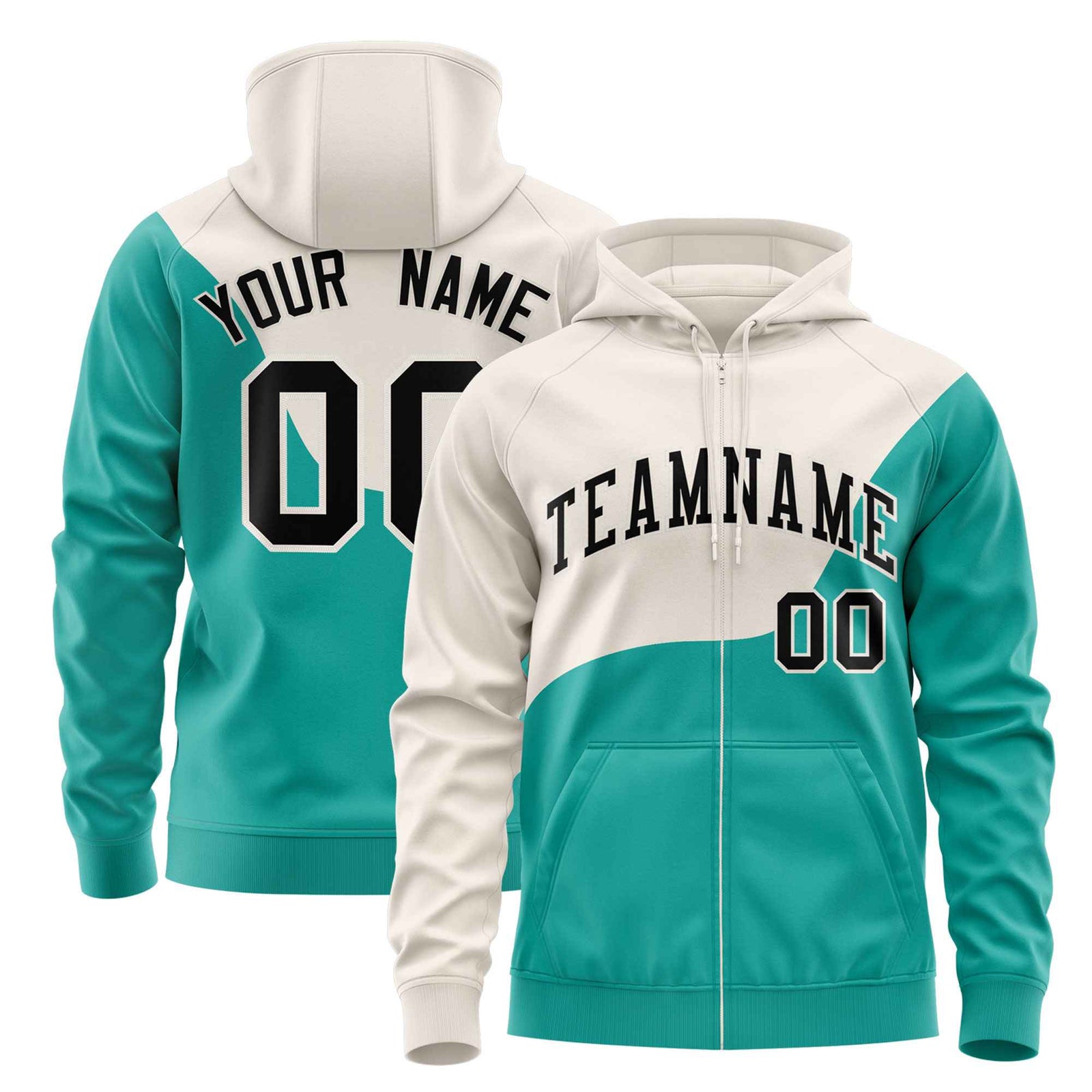 Custom Cream Bright Green Color Block Varsity Full-Zip Letterman Wave Hoodie Jacket
