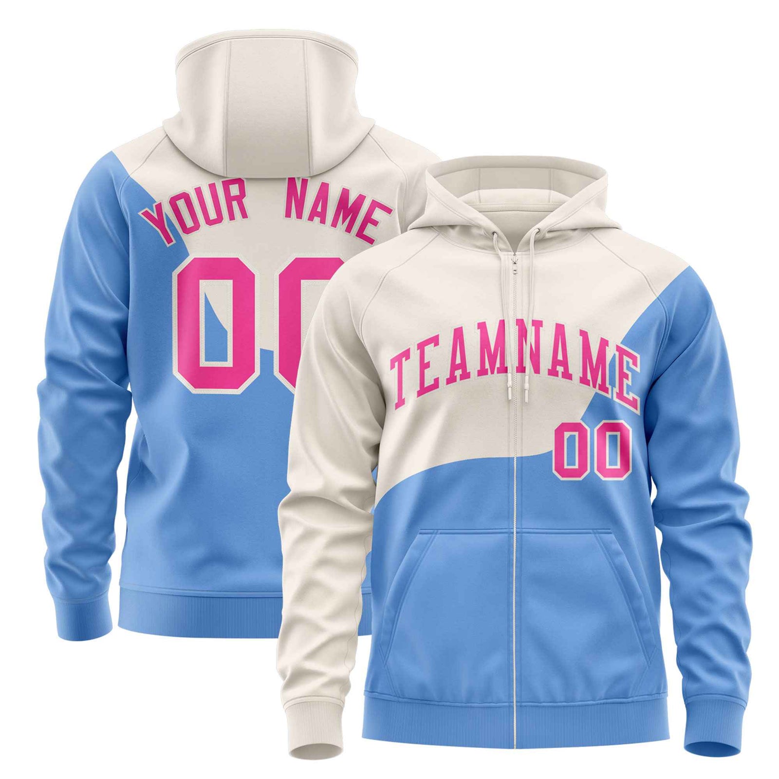Custom Cream Powder Blue Color Block Varsity Full-Zip Letterman Wave Hoodie Jacket