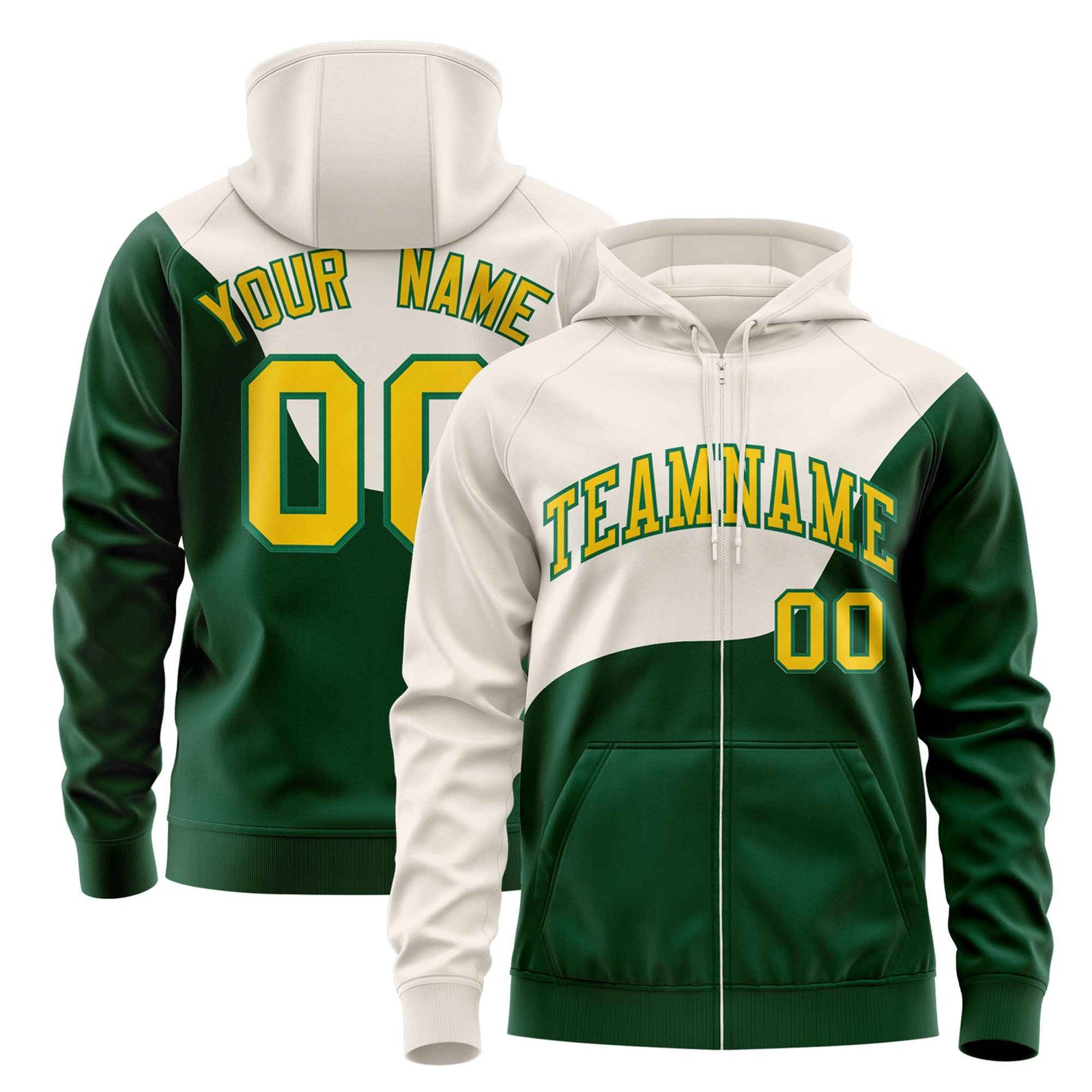 Custom Cream Kelly Green Color Block Varsity Full-Zip Letterman Wave Hoodie Jacket