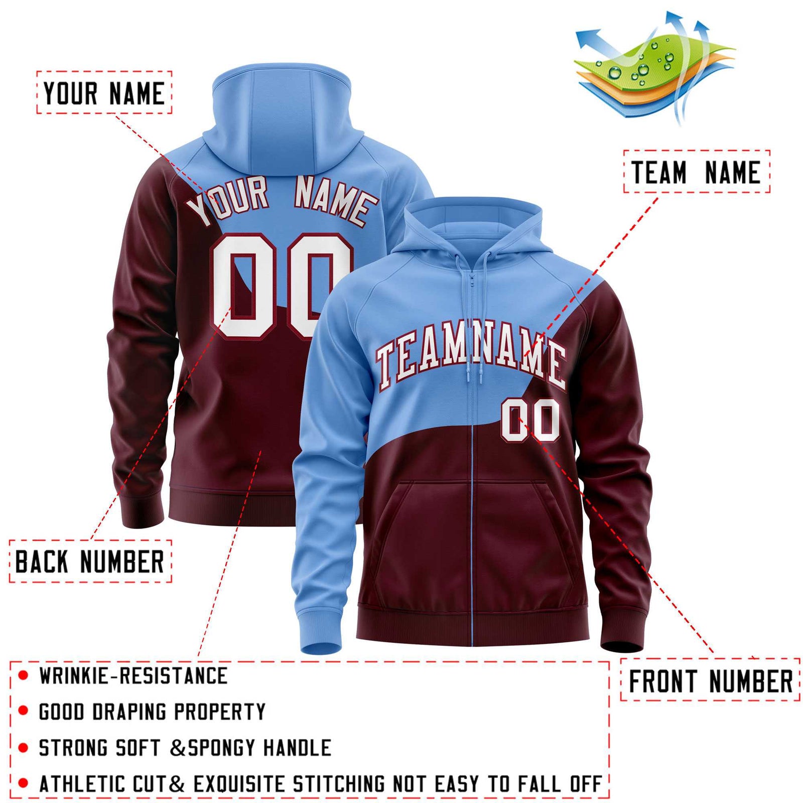 Custom Powder Blue Crimson Color Block Varsity Full-Zip Letterman Wave Hoodie Jacket