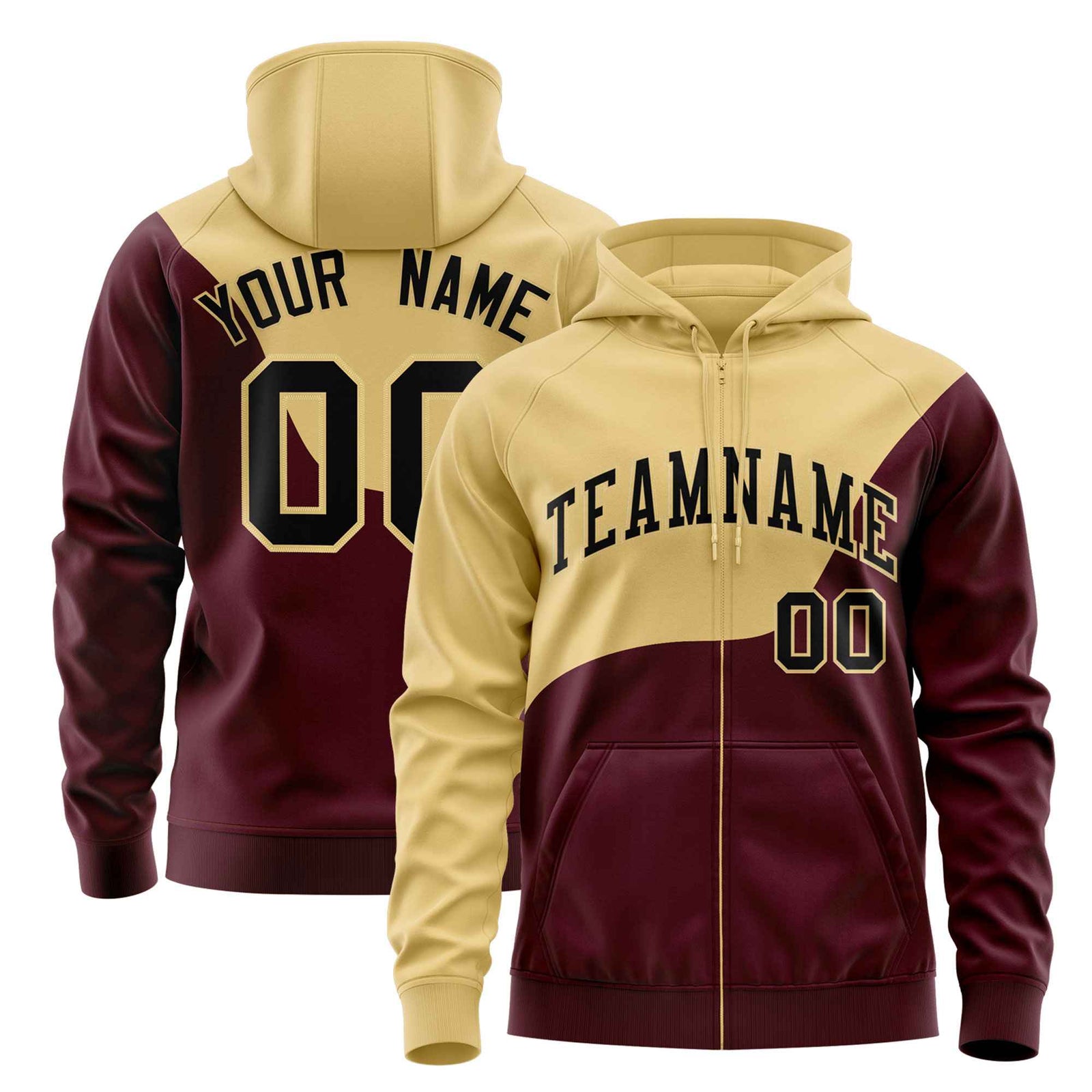 Custom Khaki Crimson Color Block Varsity Full-Zip Letterman Wave Hoodie Jacket
