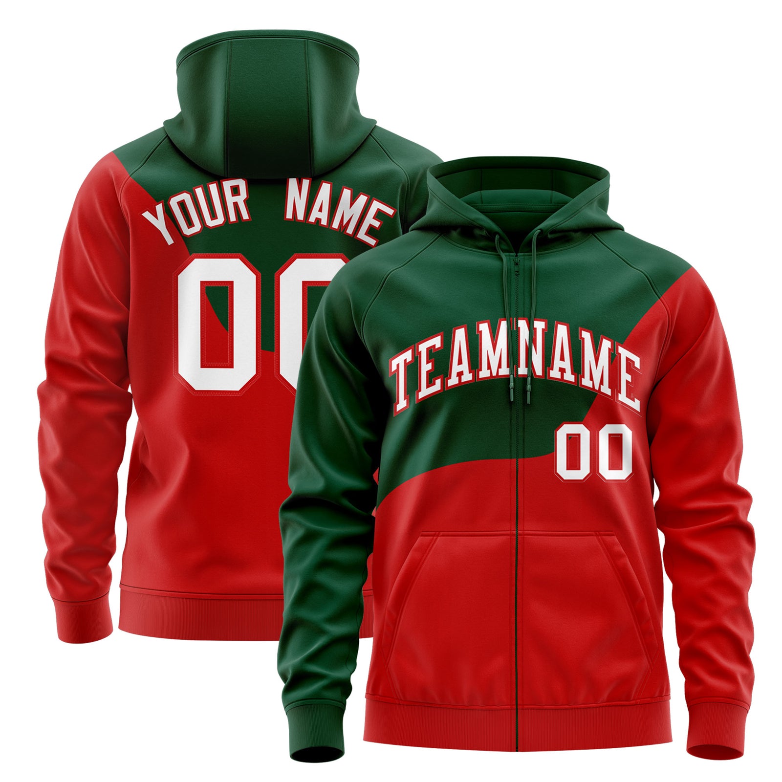 Custom Kelly Green Red Color Block Varsity Full-Zip Letterman Wave Hoodie Jacket