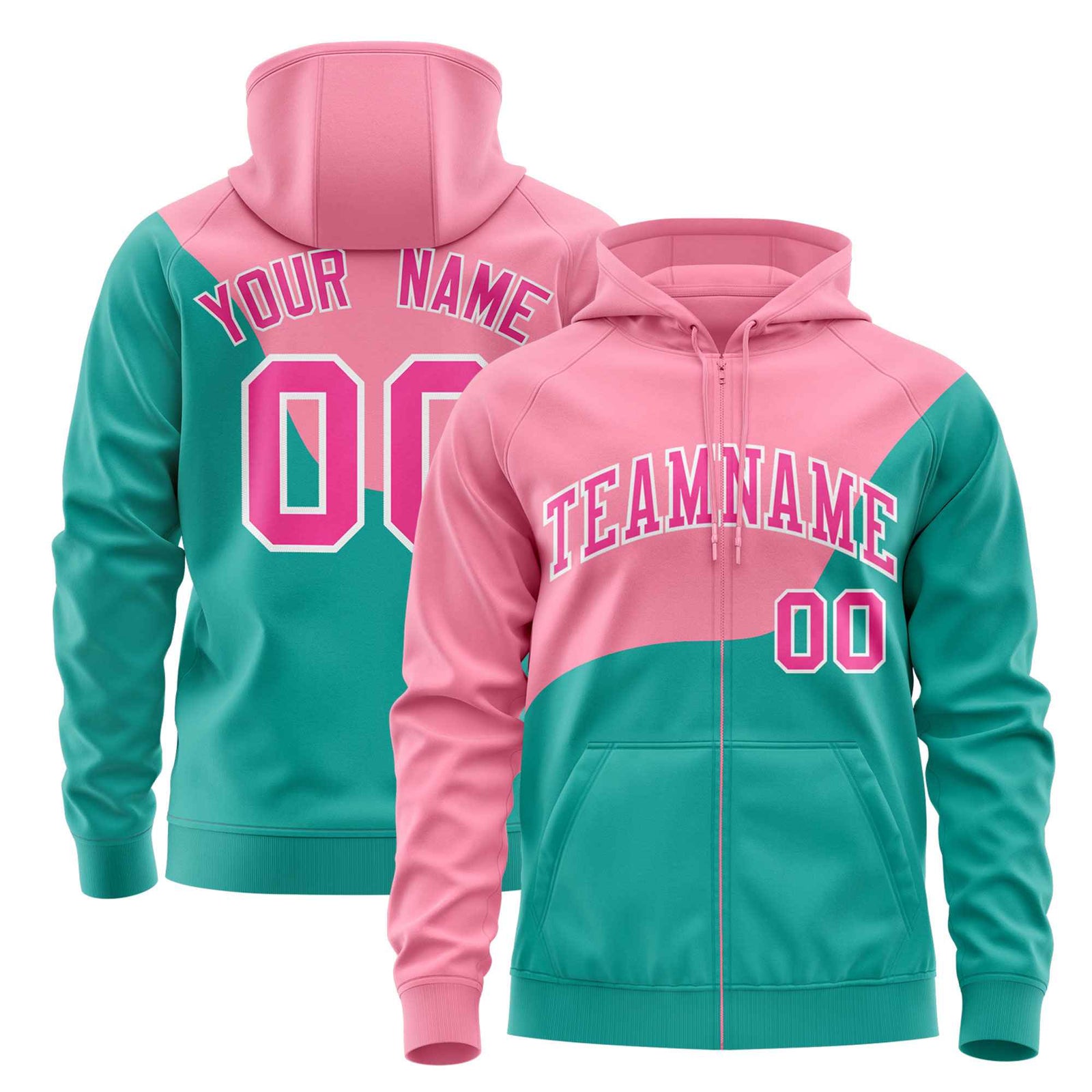 Custom Light Pink Bright Green Color Block Varsity Full-Zip Letterman Wave Hoodie Jacket