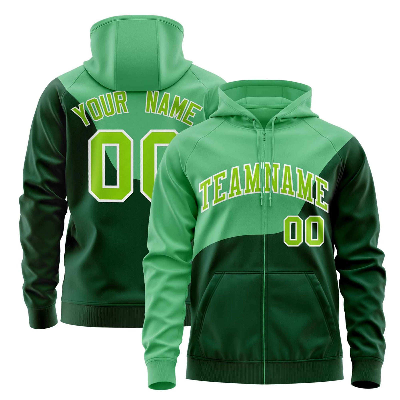 Custom Green Kelly Green Color Block Varsity Full-Zip Letterman Wave Hoodie Jacket