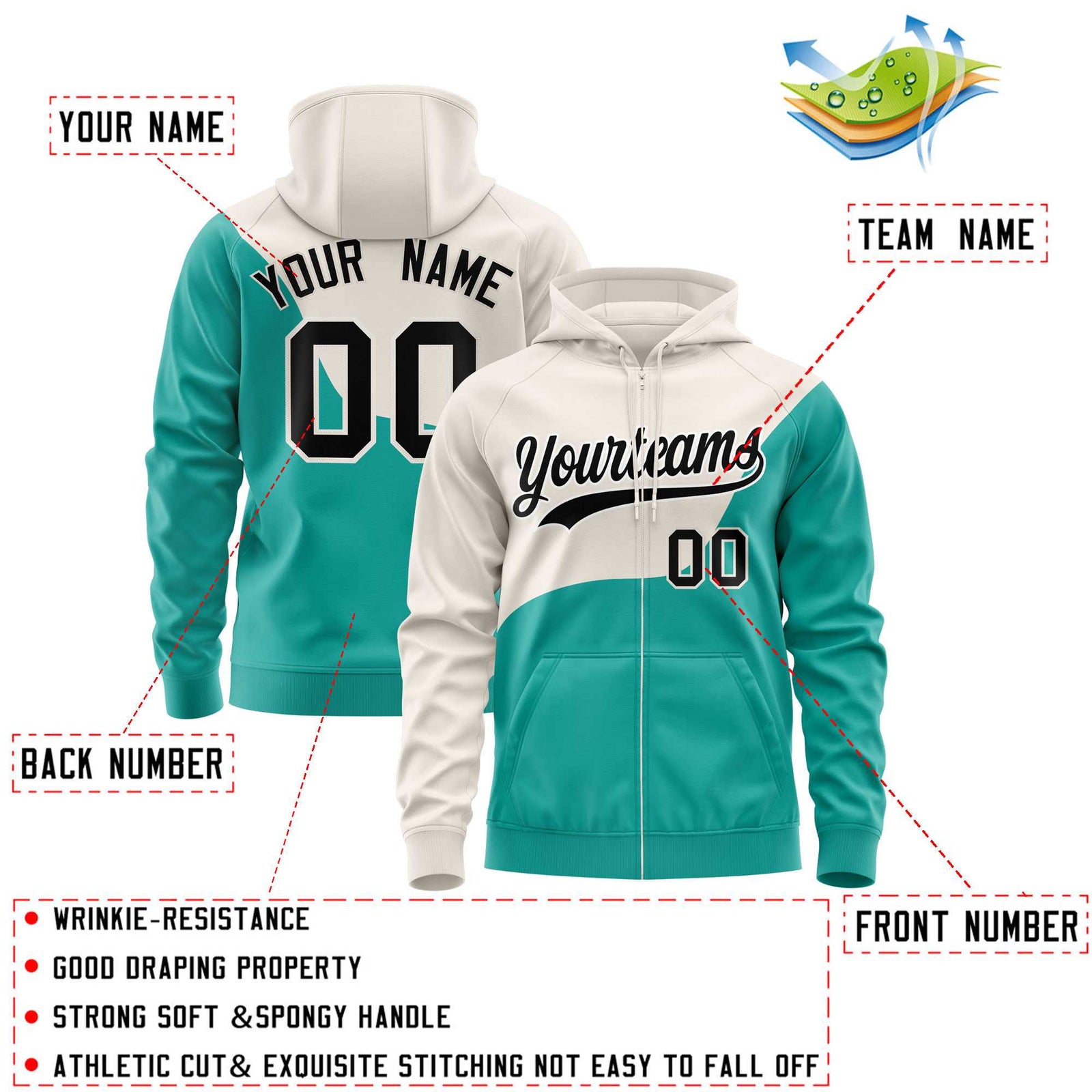 Custom Cream Bright Green Color Block Varsity Full-Zip Letterman Wave Hoodie Jacket