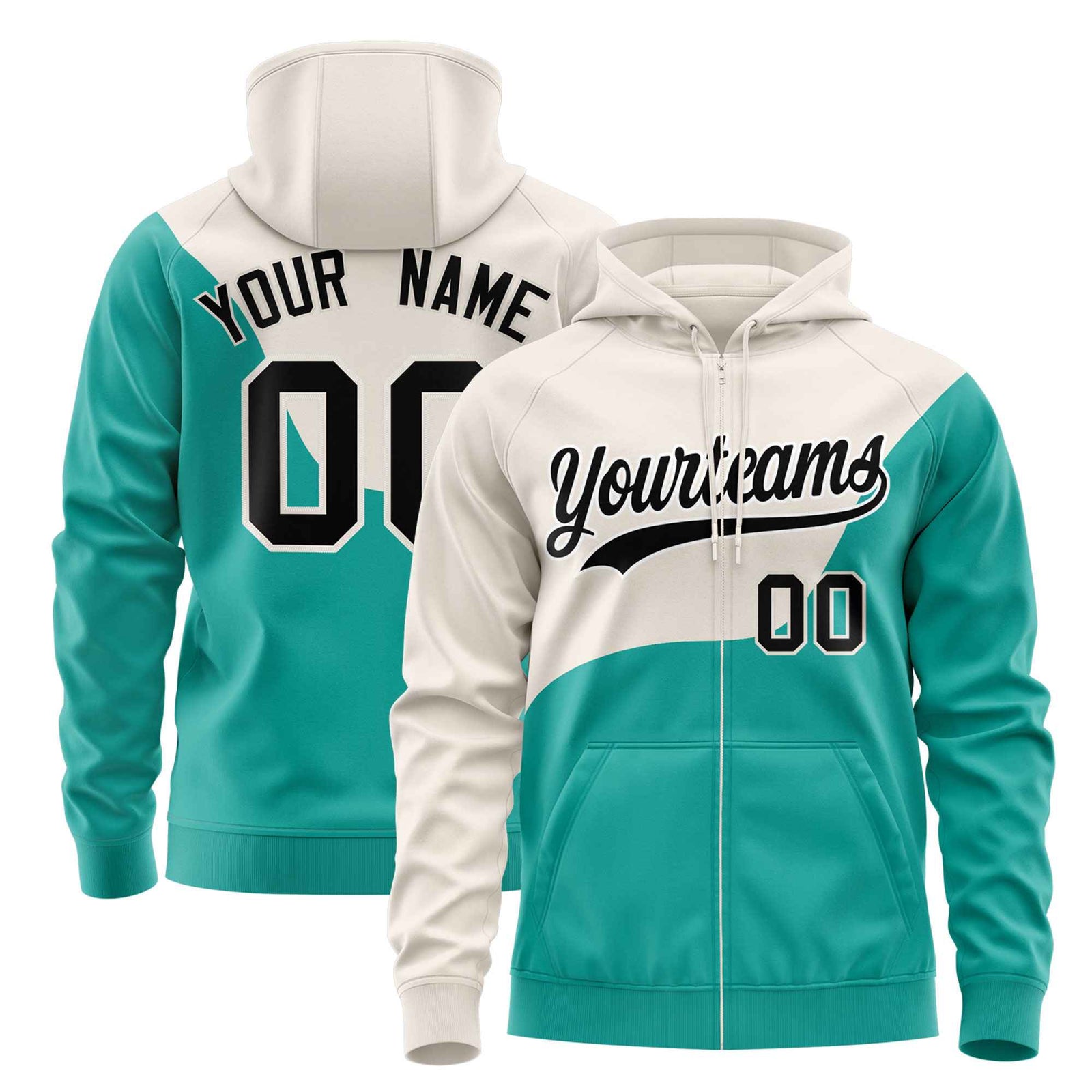 Custom Cream Bright Green Color Block Varsity Full-Zip Letterman Wave Hoodie Jacket