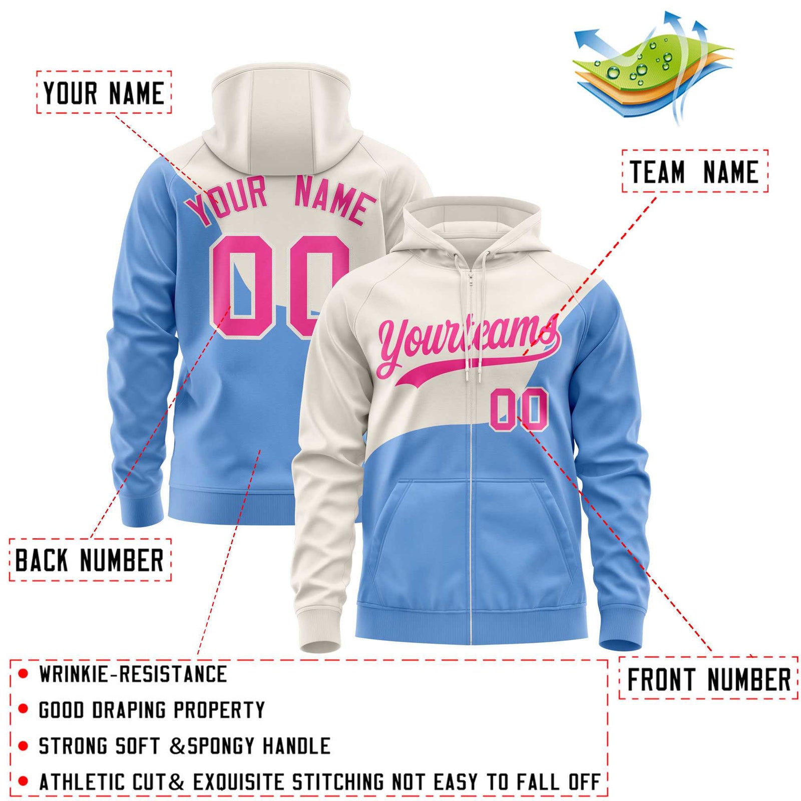 Custom Cream Powder Blue Color Block Varsity Full-Zip Letterman Wave Hoodie Jacket