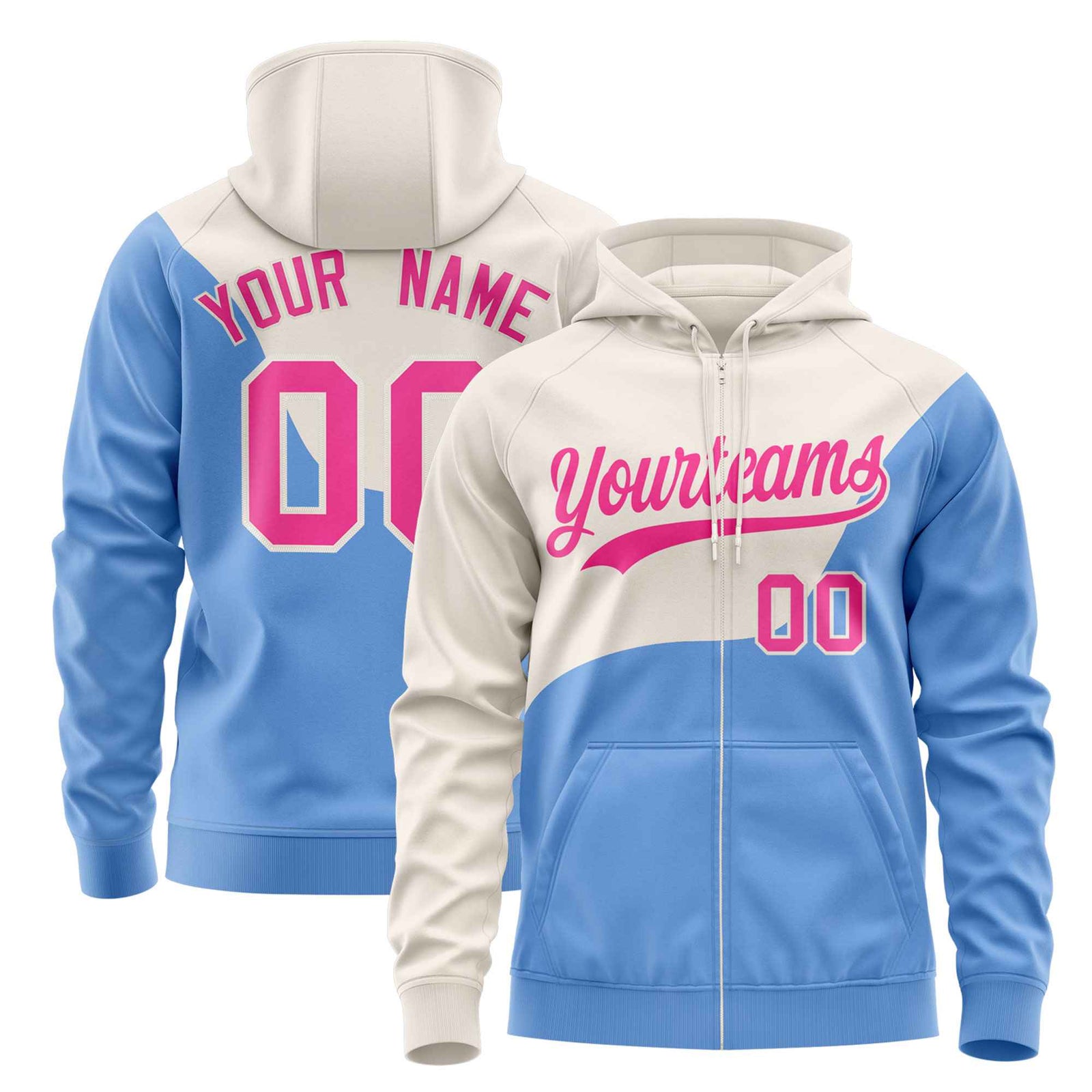 Custom Cream Powder Blue Color Block Varsity Full-Zip Letterman Wave Hoodie Jacket