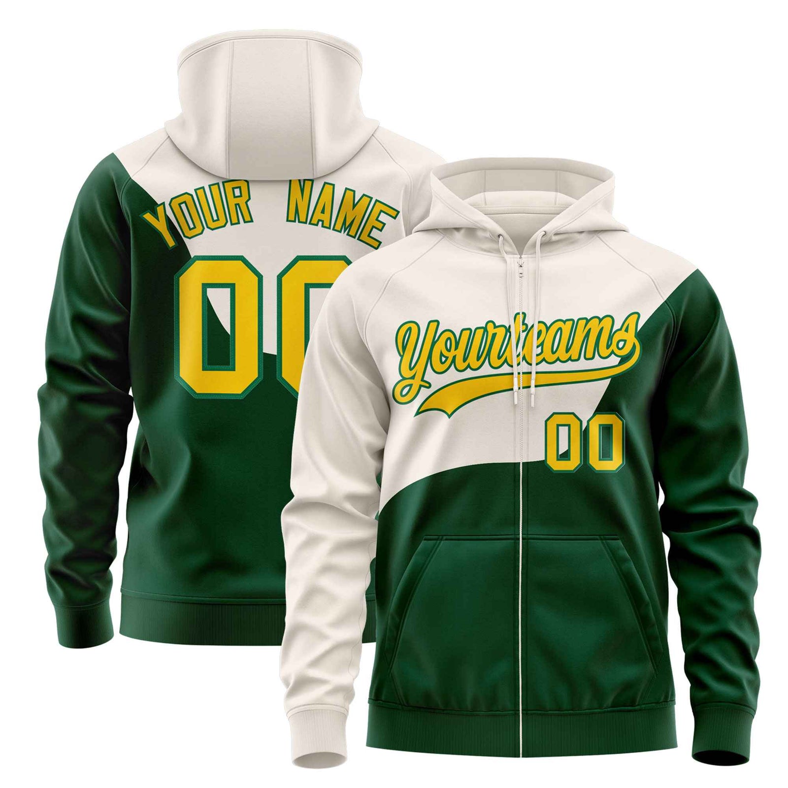 Custom Cream Kelly Green Color Block Varsity Full-Zip Letterman Wave Hoodie Jacket