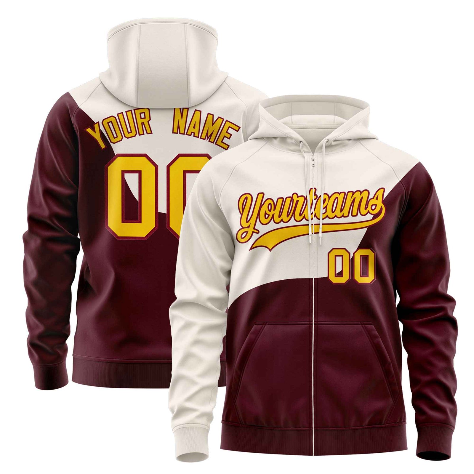 Custom Cream Crimson Color Block Varsity Full-Zip Letterman Wave Hoodie Jacket