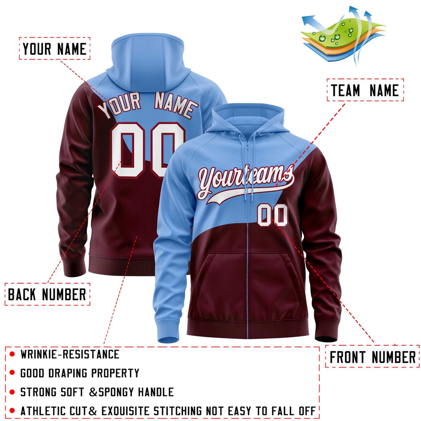 Custom Powder Blue Crimson Color Block Varsity Full-Zip Letterman Wave Hoodie Jacket