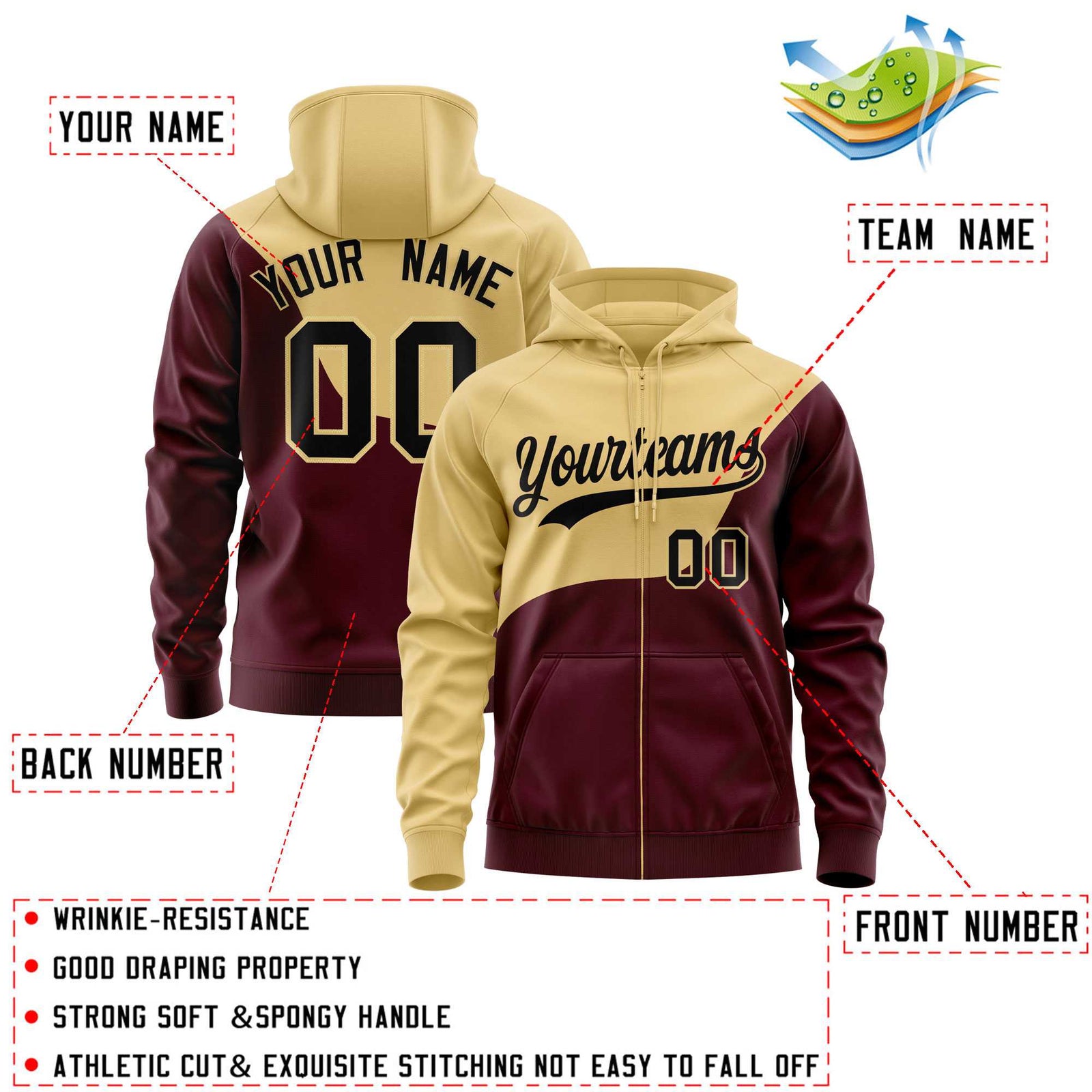 Custom Khaki Crimson Color Block Varsity Full-Zip Letterman Wave Hoodie Jacket