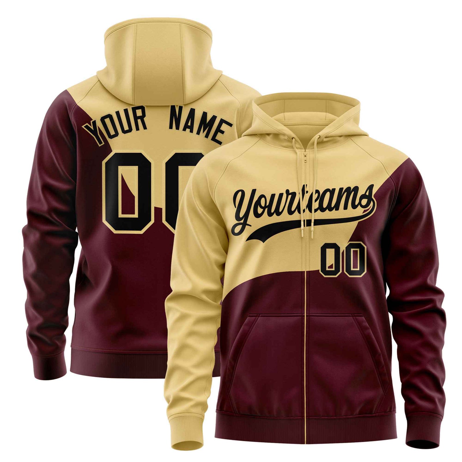 Custom Khaki Crimson Color Block Varsity Full-Zip Letterman Wave Hoodie Jacket