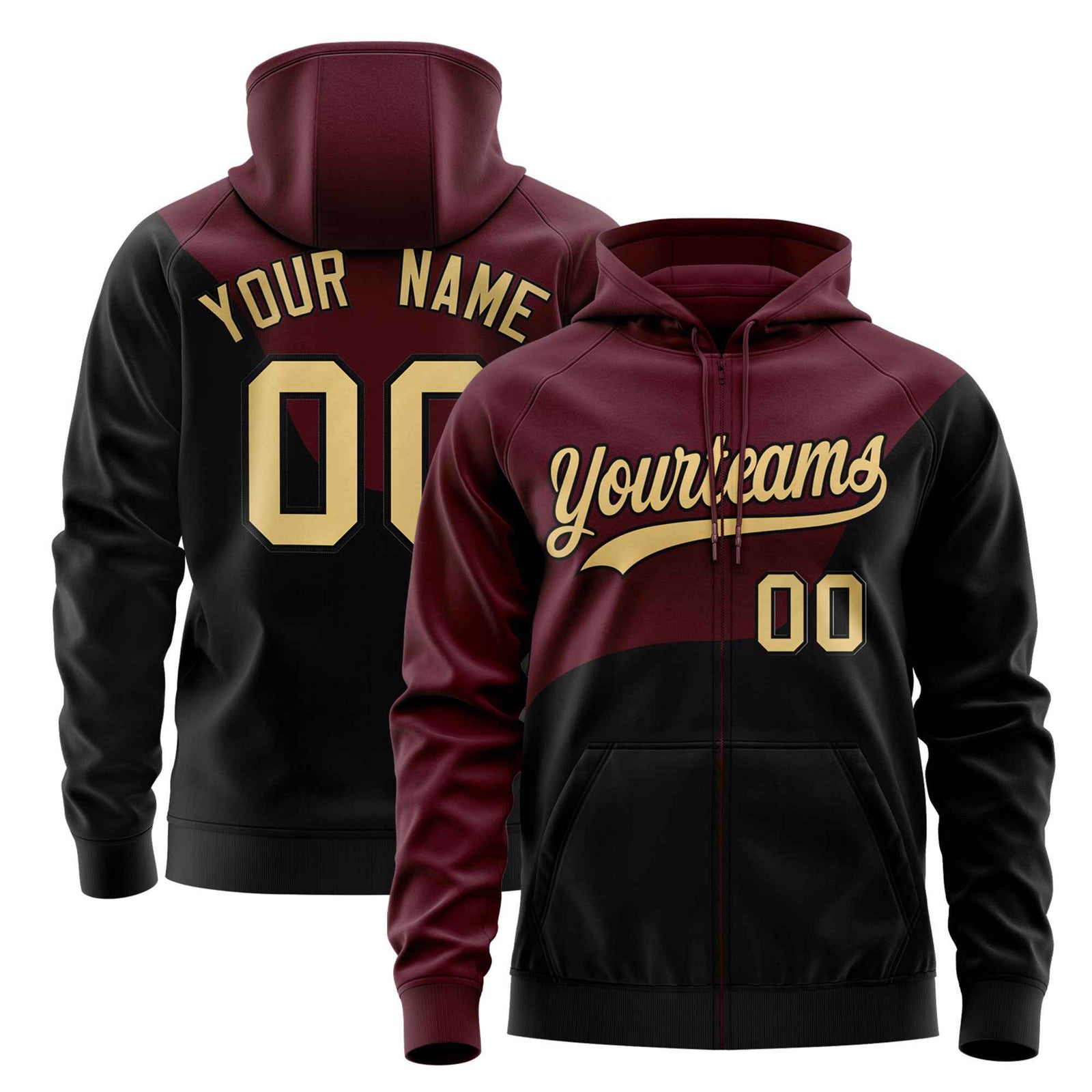 Custom Crimson Black Color Block Varsity Full-Zip Letterman Wave Hoodie Jacket