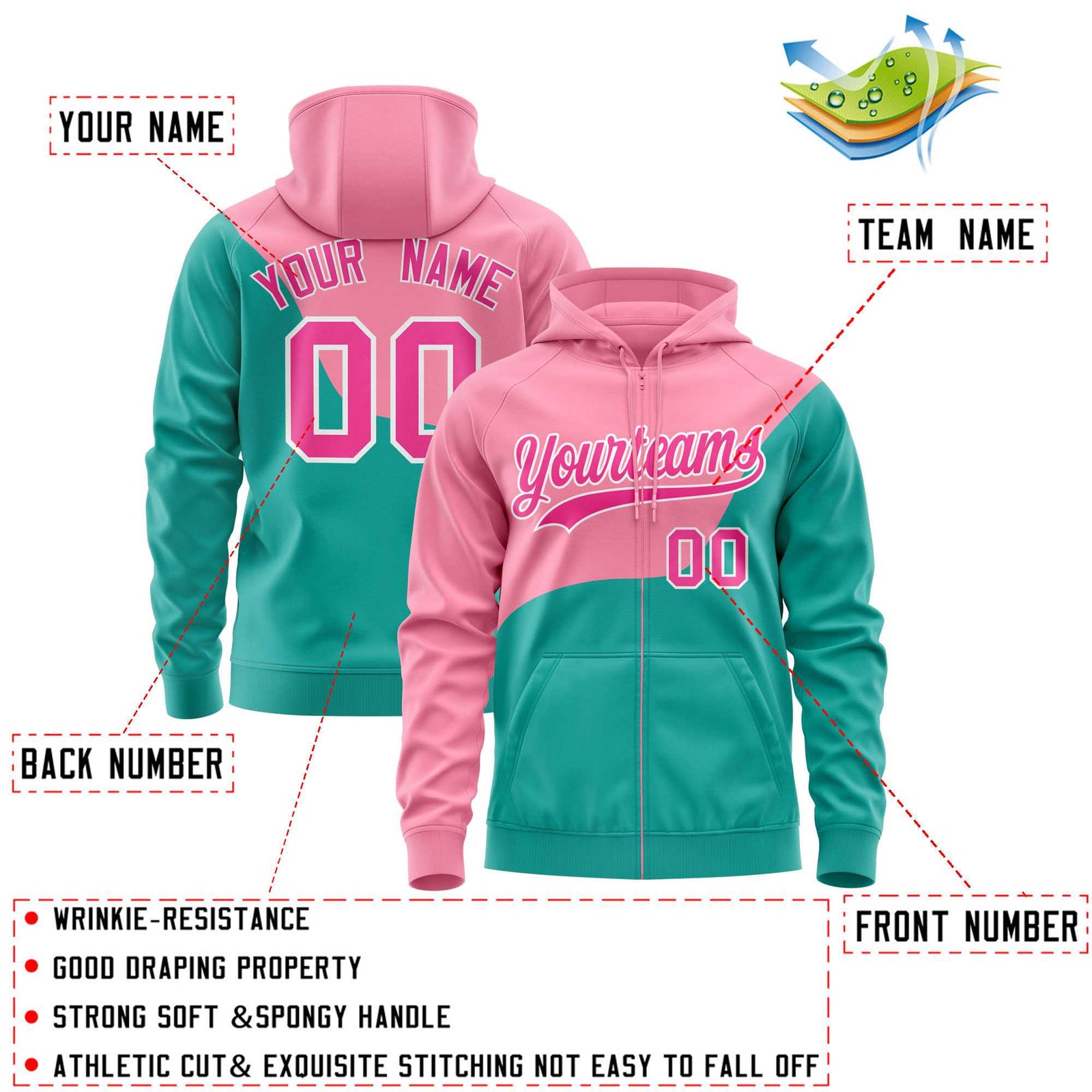 Custom Light Pink Bright Green Color Block Varsity Full-Zip Letterman Wave Hoodie Jacket