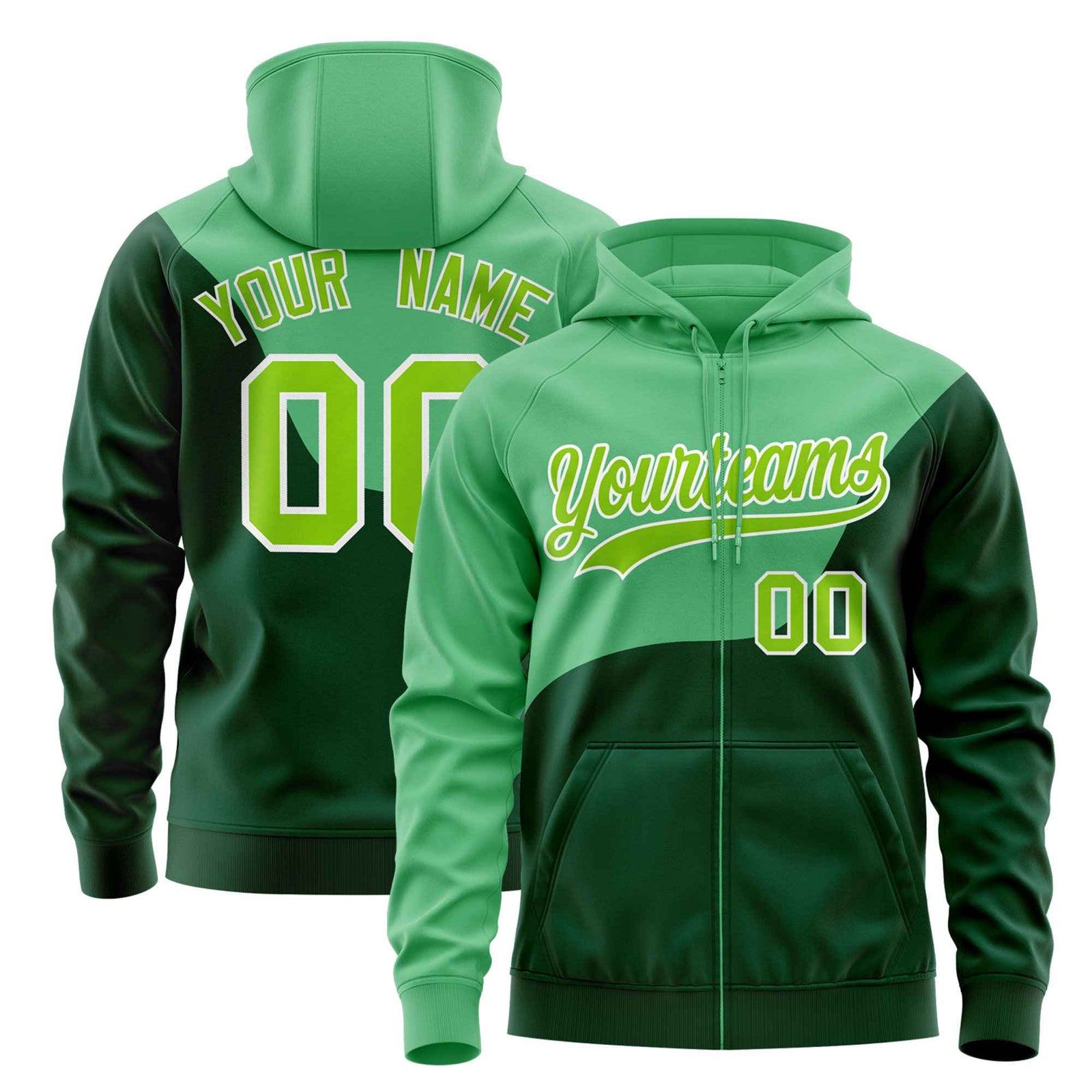Custom Green Kelly Green Color Block Varsity Full-Zip Letterman Wave Hoodie Jacket