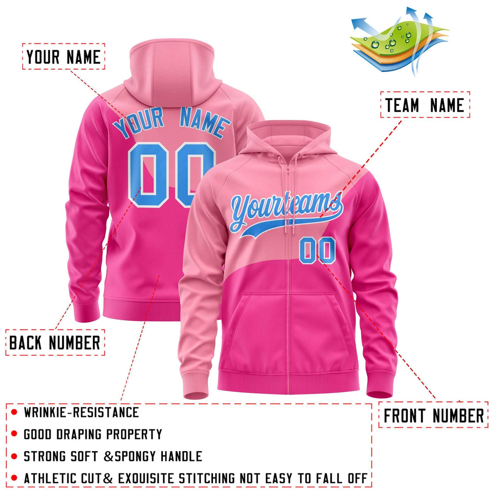 Custom Light Pink Pink Color Block Varsity Full-Zip Letterman Wave Hoodie Jacket