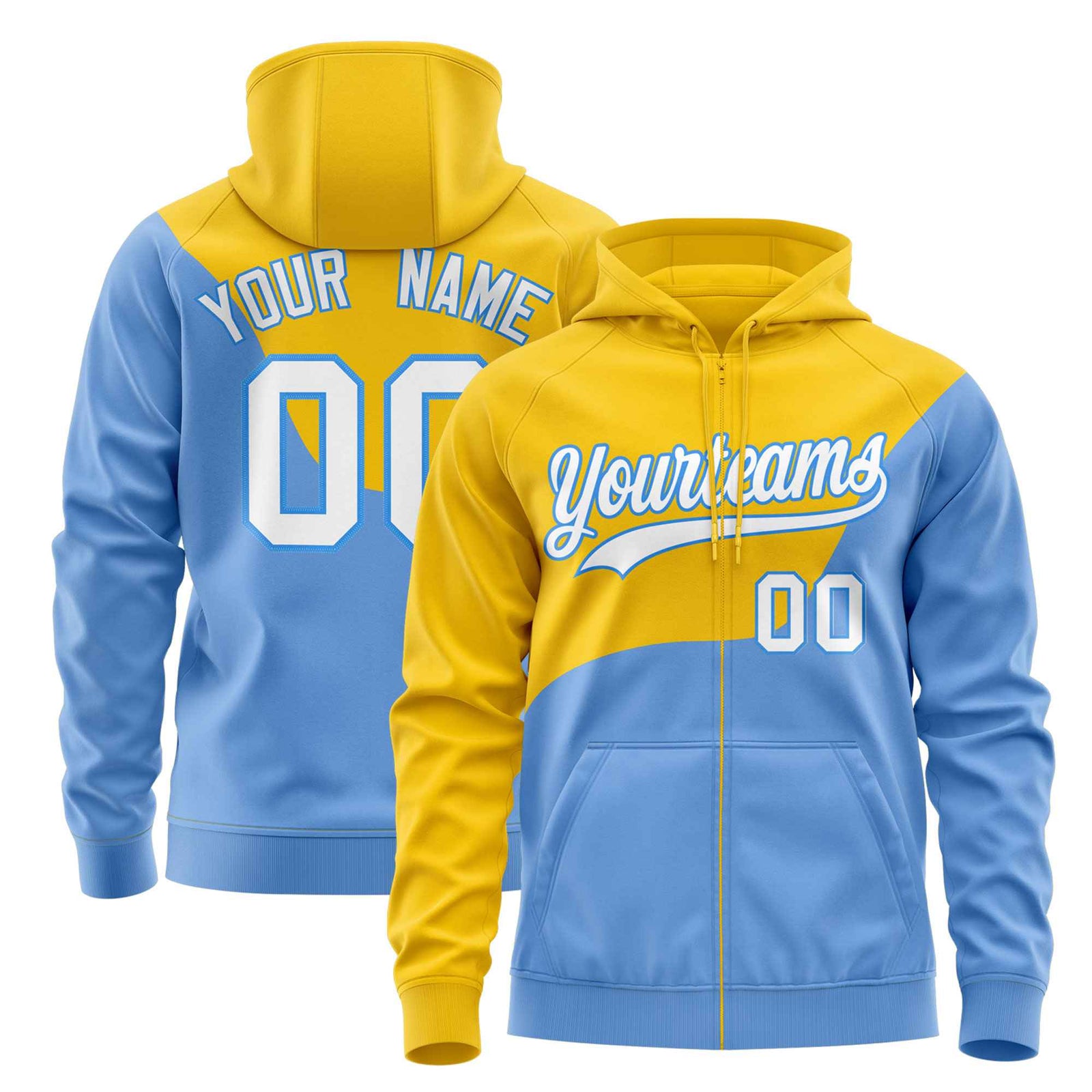 Custom Gold Powder Blue Color Block Varsity Full-Zip Letterman Wave Hoodie Jacket