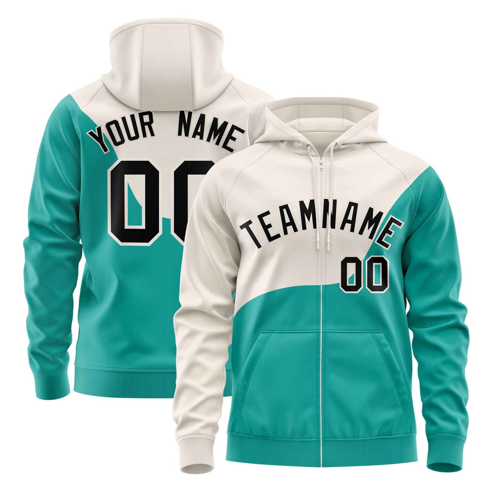 Custom Cream Bright Green Color Block Varsity Full-Zip Letterman Wave Hoodie Jacket
