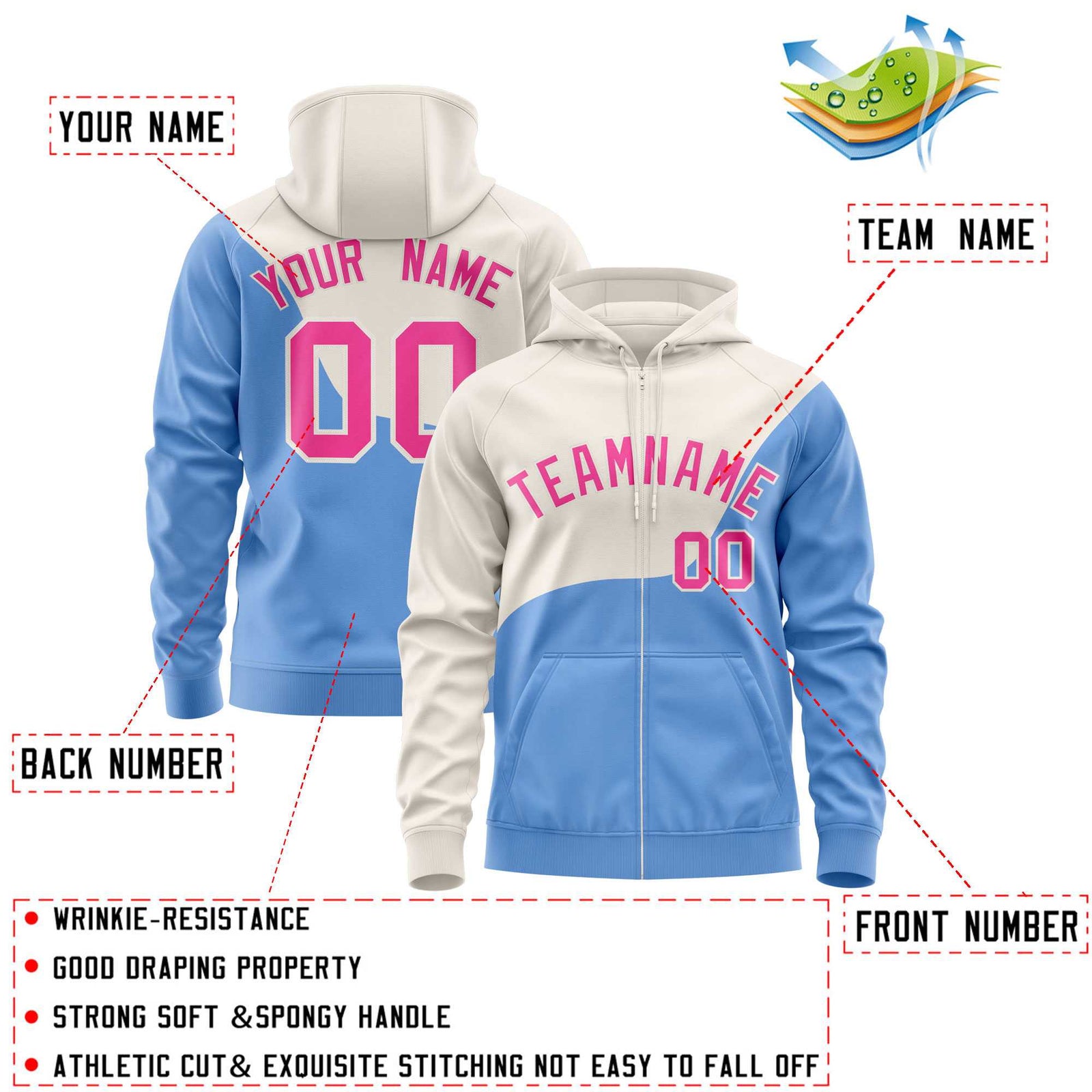 Custom Cream Powder Blue Color Block Varsity Full-Zip Letterman Wave Hoodie Jacket