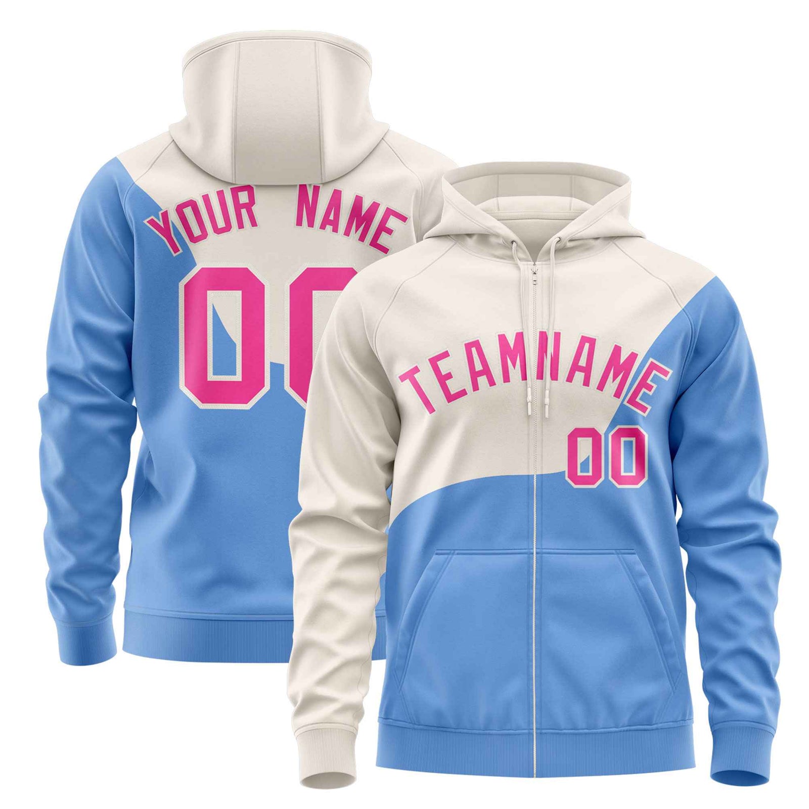 Custom Cream Powder Blue Color Block Varsity Full-Zip Letterman Wave Hoodie Jacket
